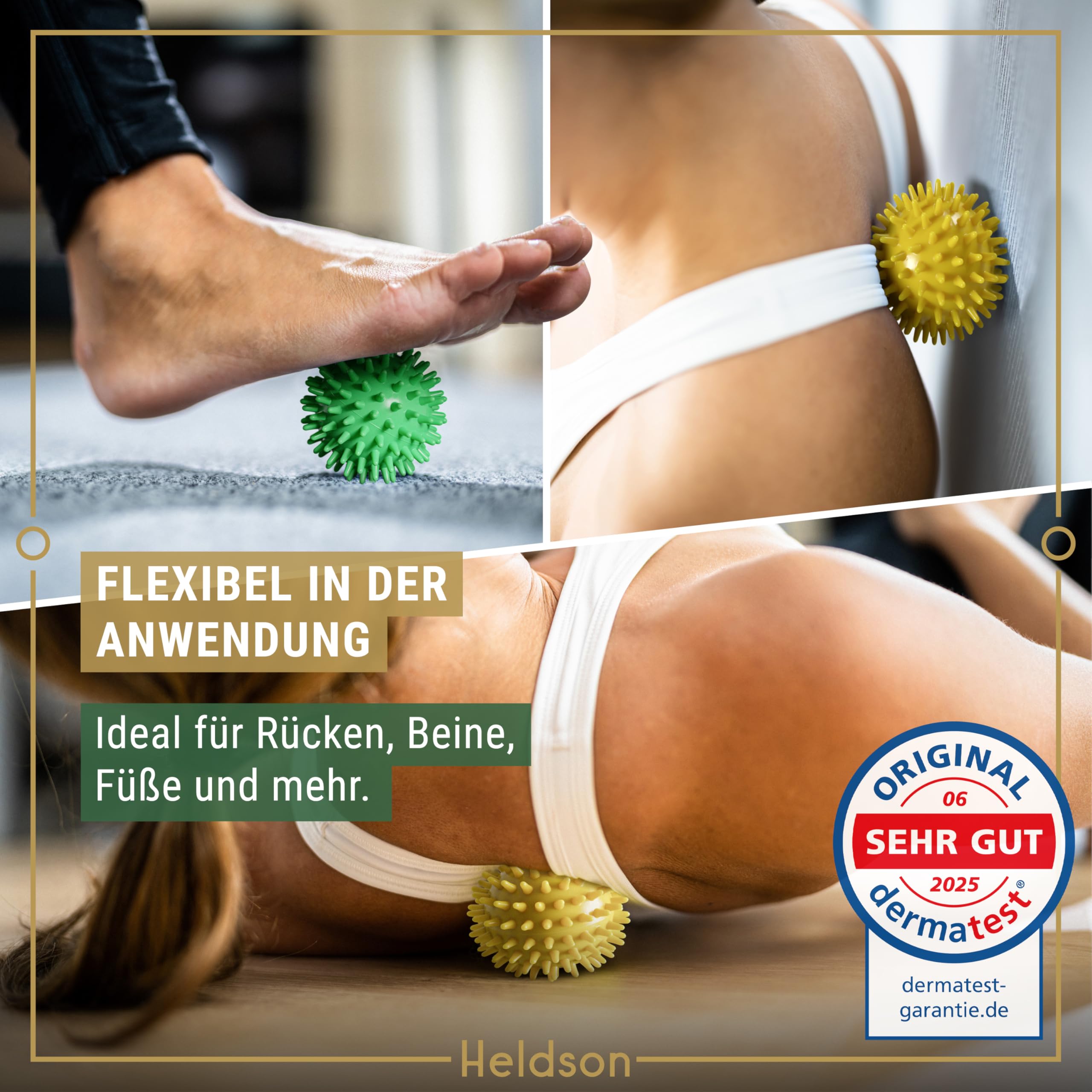 HELDSON® Zestaw piłek do masażu premium [3 stopnie twardości] – piłka do masażu stóp z jeżem twarda, miękka – piłka z wypustkami – małe piłki do masażu powięzi – piłka do masażu powięzi – piłka do