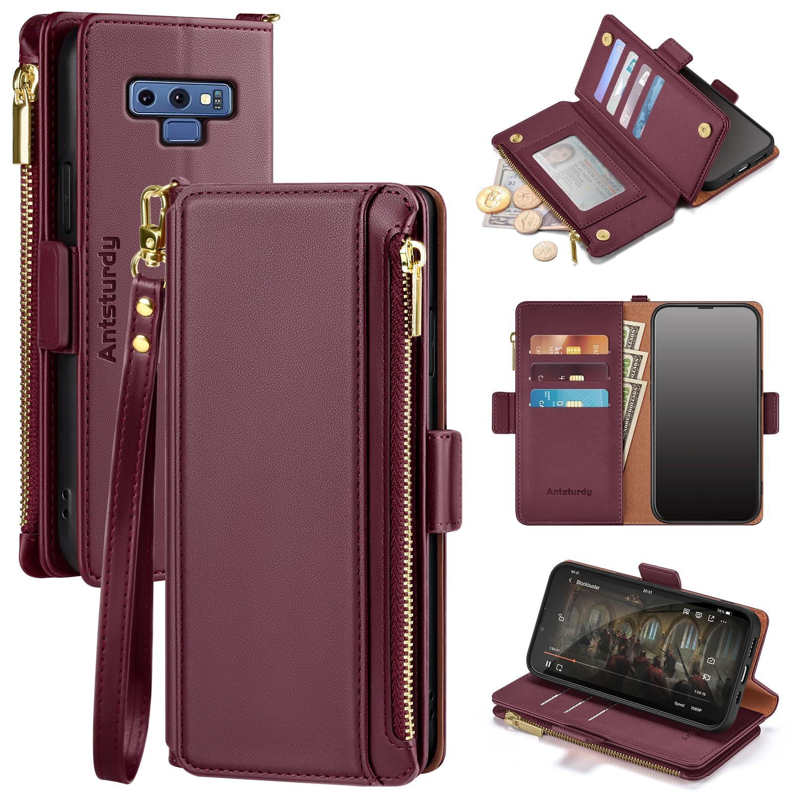 Antsturdy Compatible with Samsung Galaxy Note 9 case Wallet with Card Holder for Women Men Phone case RFID Blocking PU Leather Flip Cover with Strap
