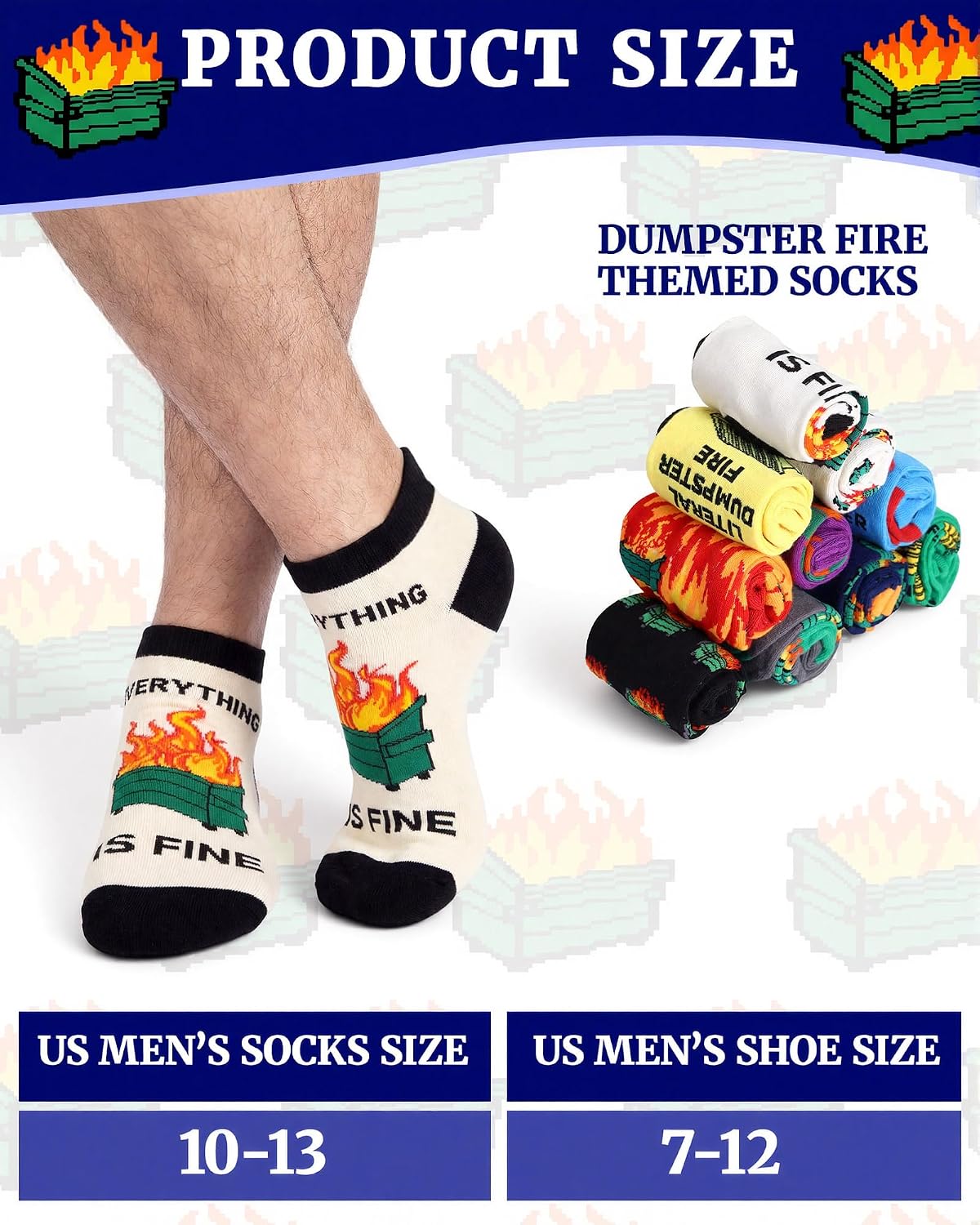 Glitopper 10 Pairs Funny Dumpster Fire Socks for Men Novelty Casual Ankle Socks Bulk Dumpster Fire Gift for Friend Coworker Adult Birthday