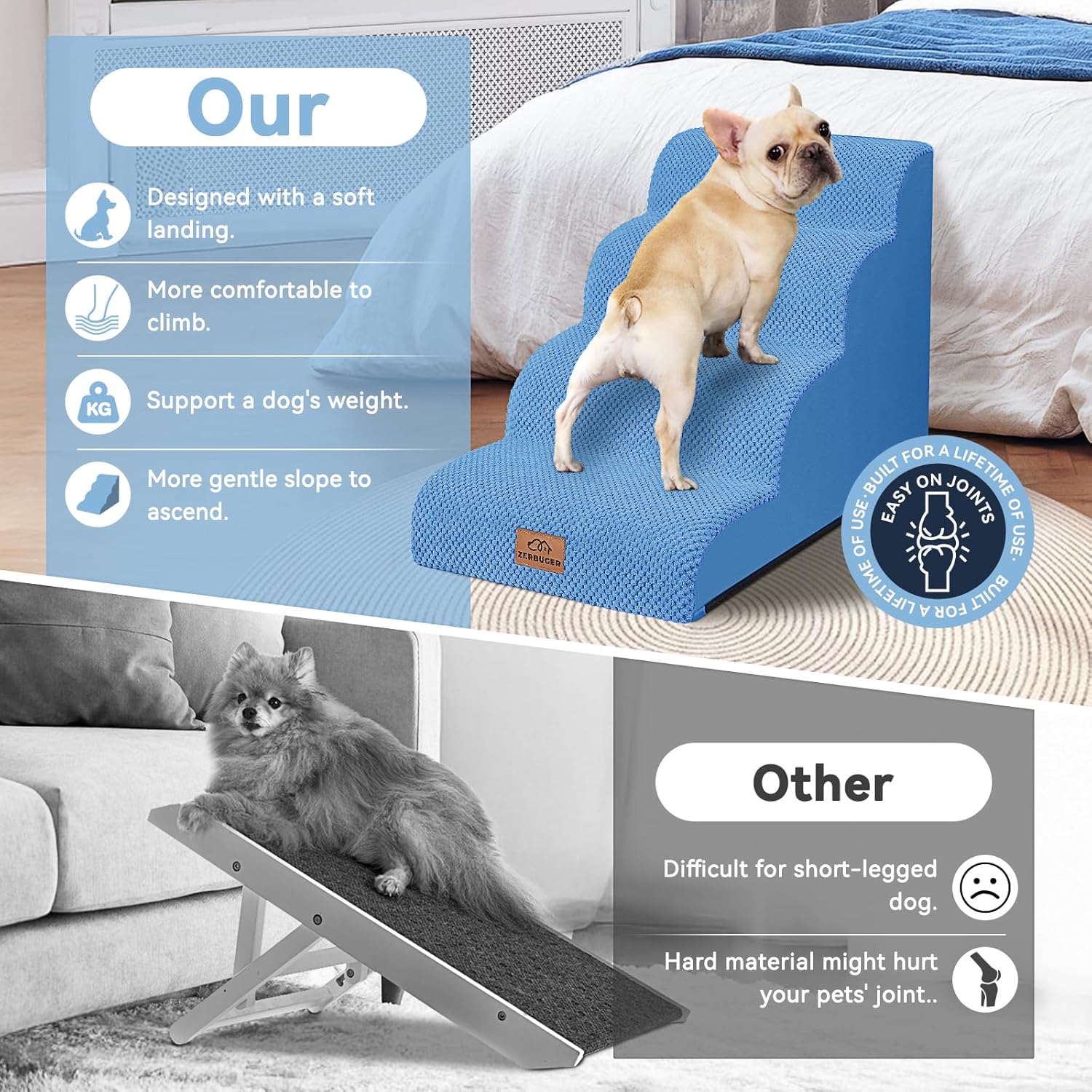 Dog Ramp and Stair for Bed 16 H-20 H,3-Step Cat Stair for Sofa and Chair,4-Step Dog Ramp for High Bed and Window,Durable Nonslip Fabric Cover for Indoor (Coffee-16 H, Pet Friendly, 3)