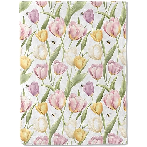Spring Tulip Flannel Blanket - Elegant Floral Design with Pastel