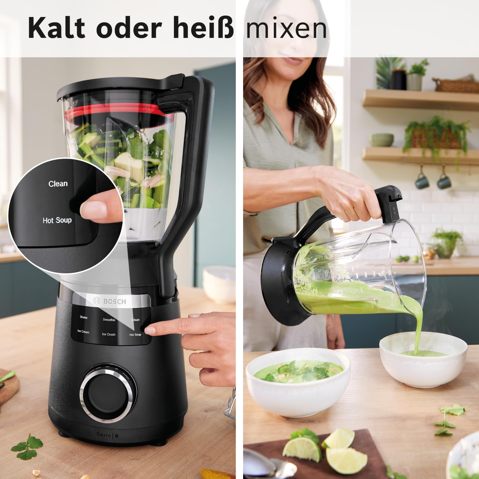 Bosch Hochleistungsmixer, Smoothie Maker, 1800W, 45.000 U-min, Programme für heiße Suppe & Reinigung, 2L, spülmaschinenfeste Teile, Made in Europe, schwarz, VitaPower Serie 6 MMB6652B
