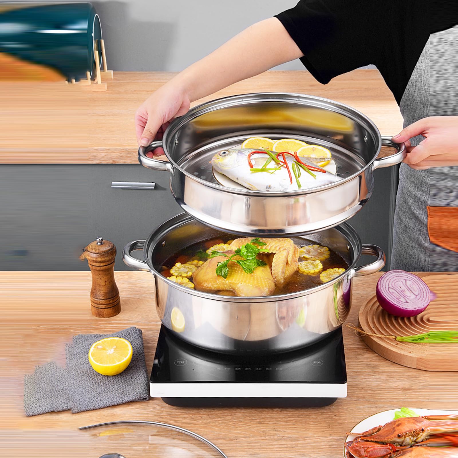 Vaporera De Acero Inoxidable 3 Niveles con Tapa De Cristal Olla Vaporera Utensilio Cocina Multiusos Ollas De Acero Vaporera Cocinar Verduras Grandes Olla para Cocinar Pasta Vapor