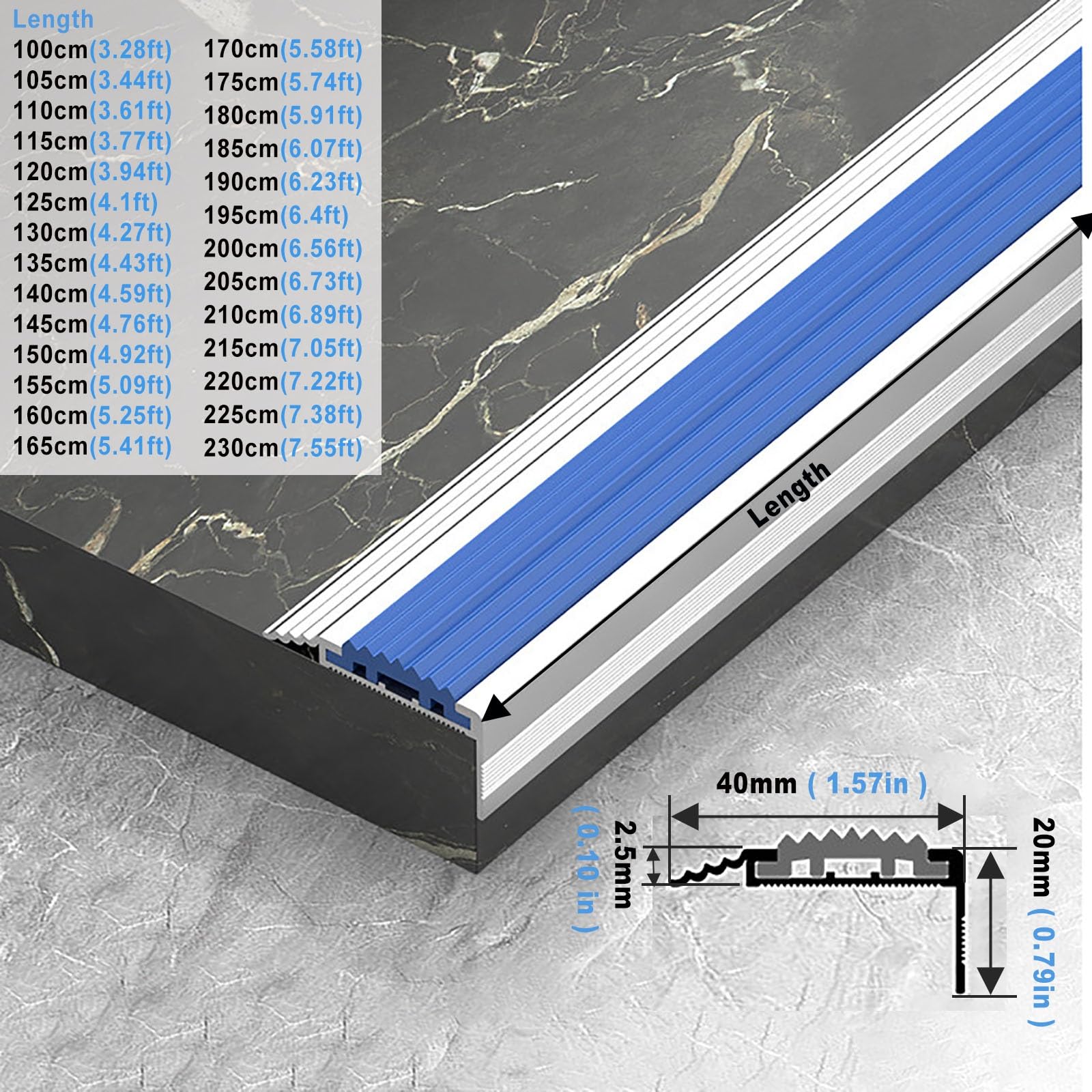 Perfil Protector de Escalera Cantonera De Escalera De Aluminio Con Inserto De PVC, Moldura De Borde De Escalera Para Escalones Interiores/exteriores(L215cm/7.0ft)