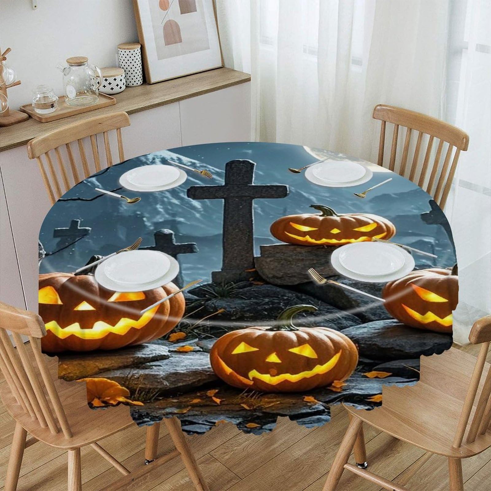FekiLoot Cemetery Pumpkin Lantern Round Tablecloths 60 Inch Resistant Washable Polyester Table Cloth Style Decorative Circle Fabric Table Cover for Dining Kitchen Party Farmhouse Outdoor