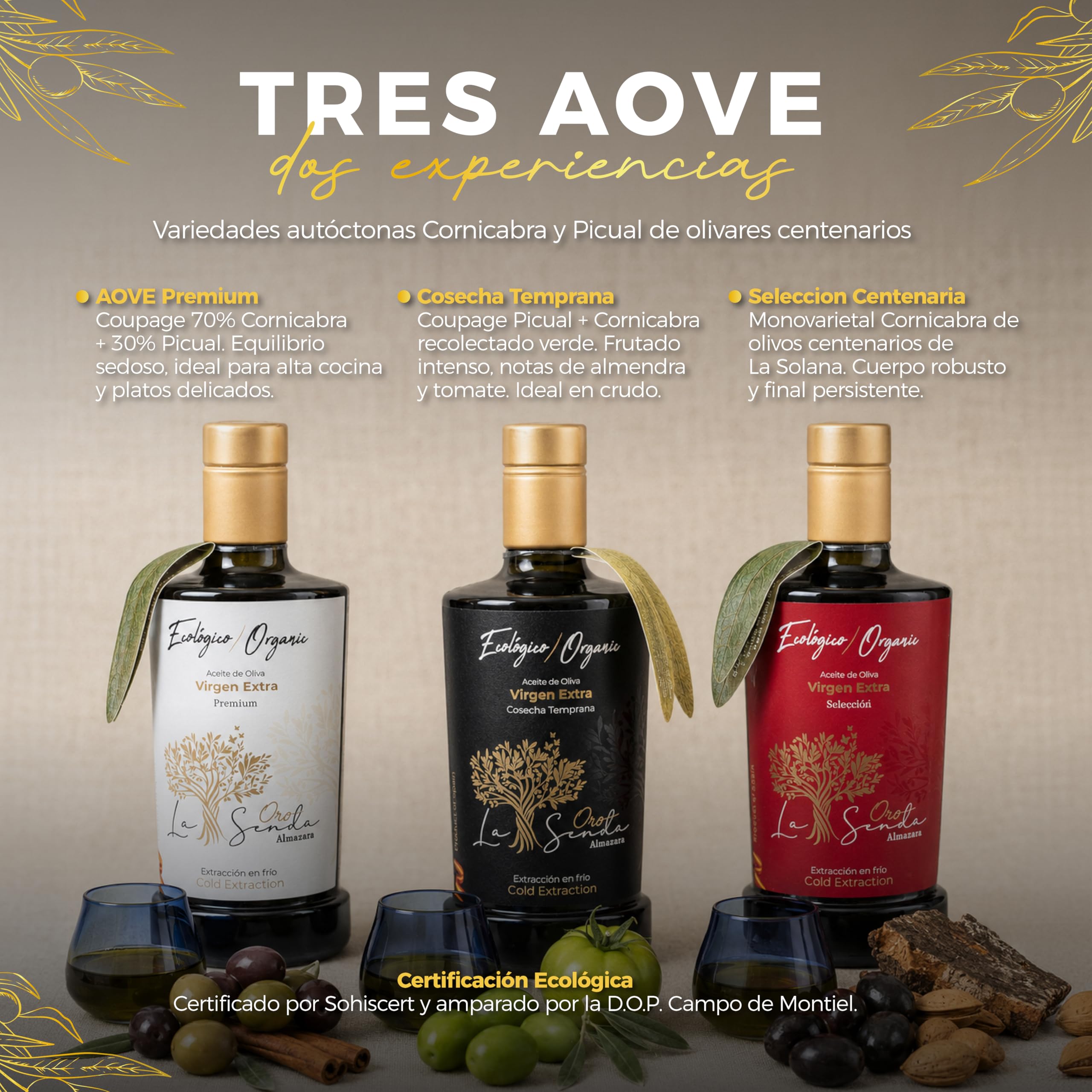 Almazara La Senda Pack 3 Aceite De Oliva Virgen Extra Ecológico (1,5 L) - Cosecha Temprana, Selección Centenaria Y Premium | AOVE DOP Campo Montiel, Extracción al Frío | Regalo Gourmet Especial