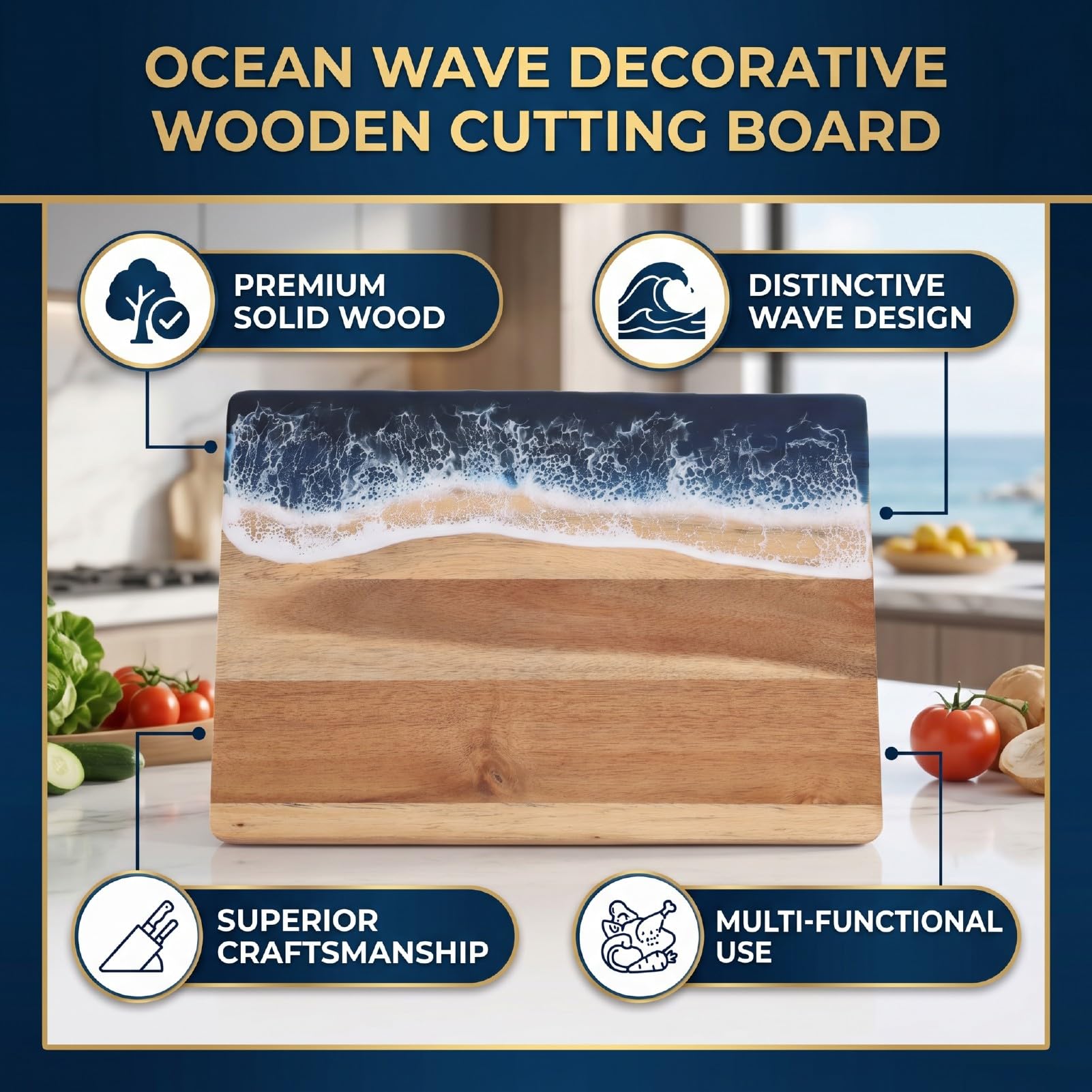 Fockety Tagliere Ocean, Legno Massello, 36x25x1,5 Cm, 1 Confezione