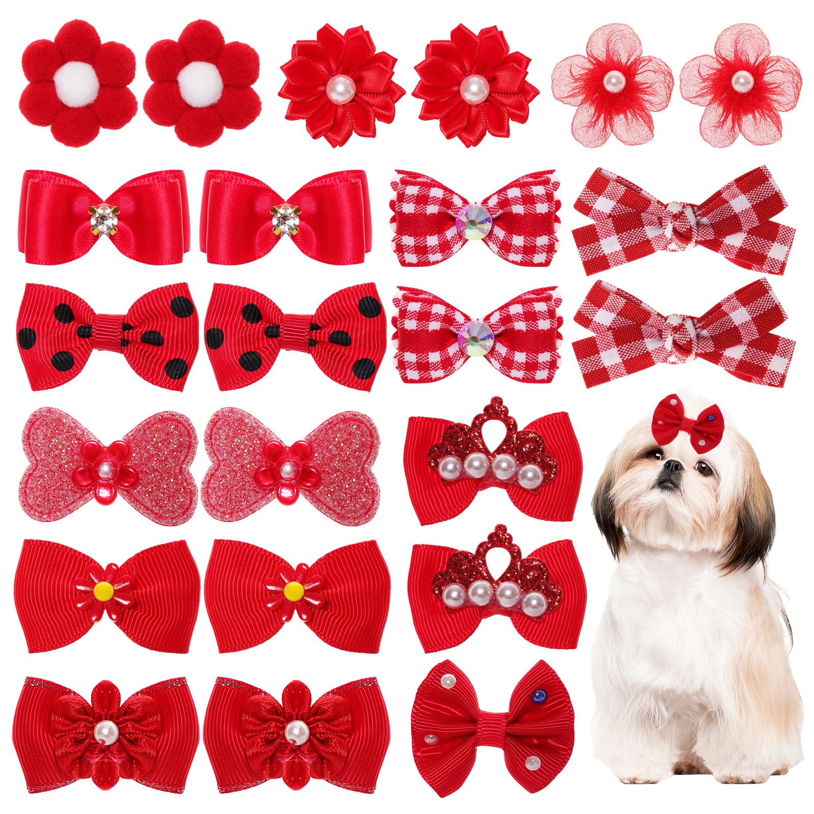 24Pcs Red Small Dog Hair Bows Cute Puppy Dog Bowknot Hair Bow Bulk with Rubber Bands Elastic Lace Rhinestone Pearls Hair Ties Mix Style Handmade