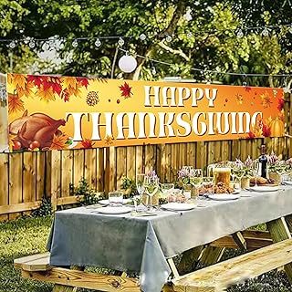 Auch Large Happy Thanksgiving Banner Yard Sign, 118x20 Inch, Maple Leaf Turkey Fall Banner, Thanksgiving Outdoor Banner, Thanksgiving Yard Decorations, Thanksgiving Party Decorations
