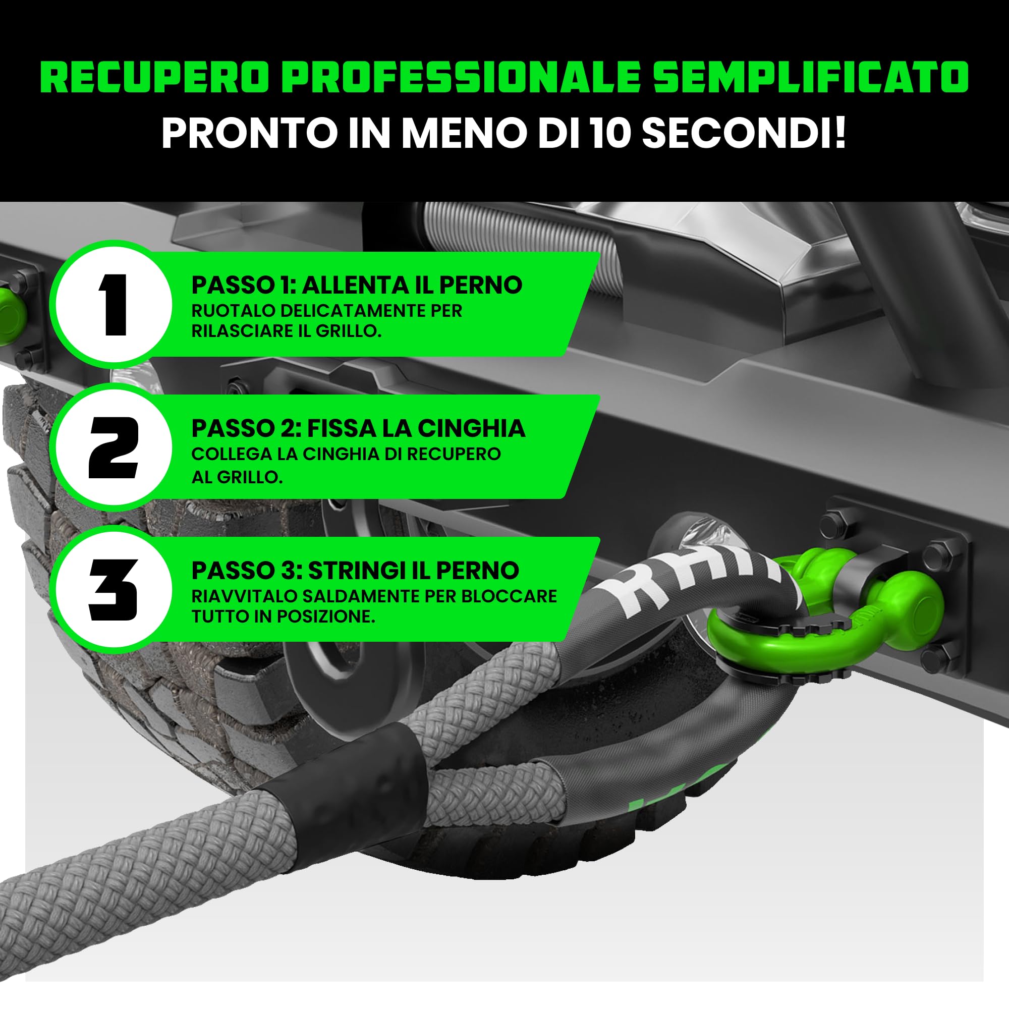 Rhino USA D-Ring Clevis (2 Pezzi) – Resistenza alla Rottura di 18.983 kg - D Annello 1,9 cm con Pin da 2,2 cm per Rimorchio e Uso Off-Road - Coppie con Cinghia di Recupero per Veicoli (Verde)