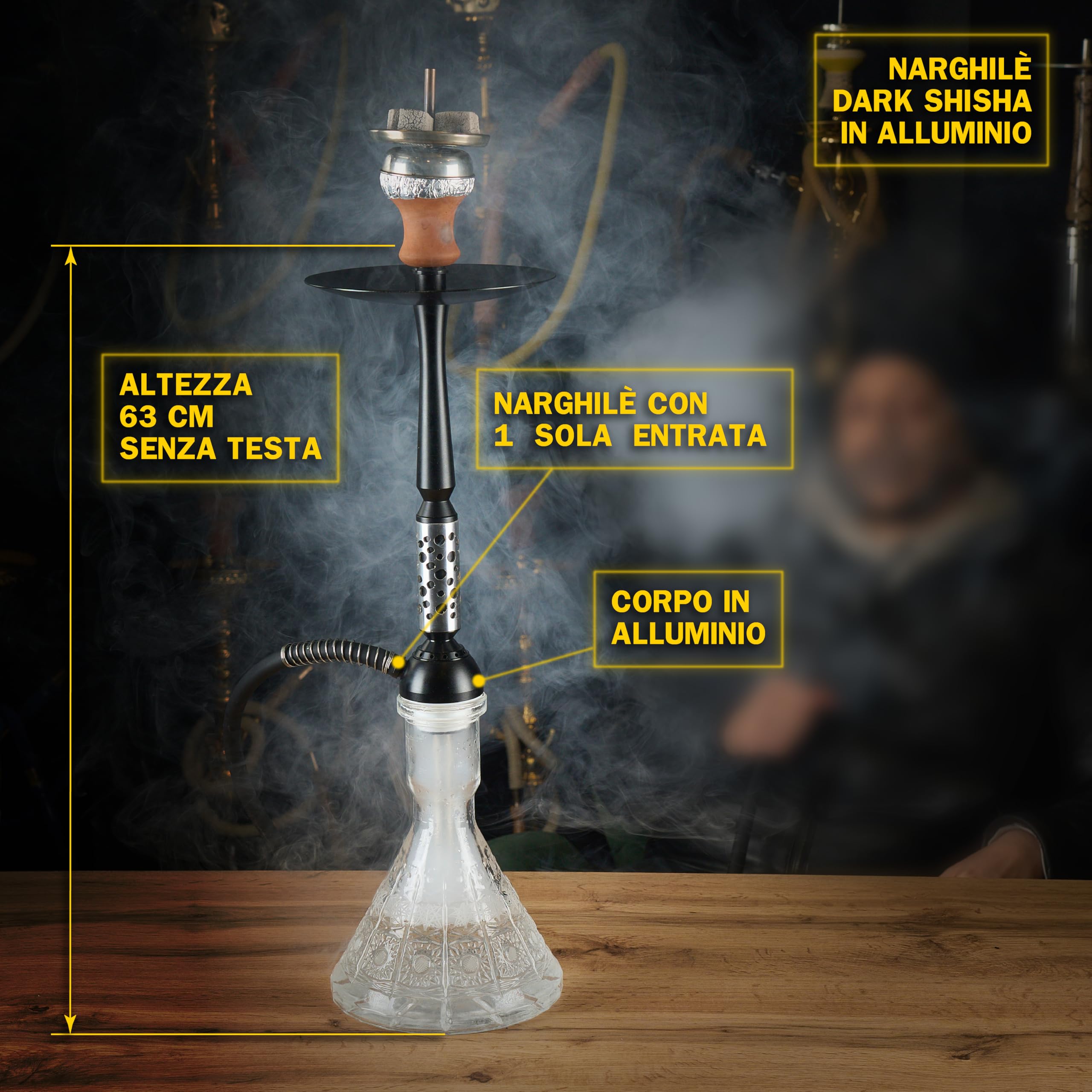 Dark Shisha Cachimba Vortex 60 cm | Cachimba de Aluminio Negro con Cazoleta de Barro, Chimenea Metálica, Manguera de Silicona y Accesorios Completos