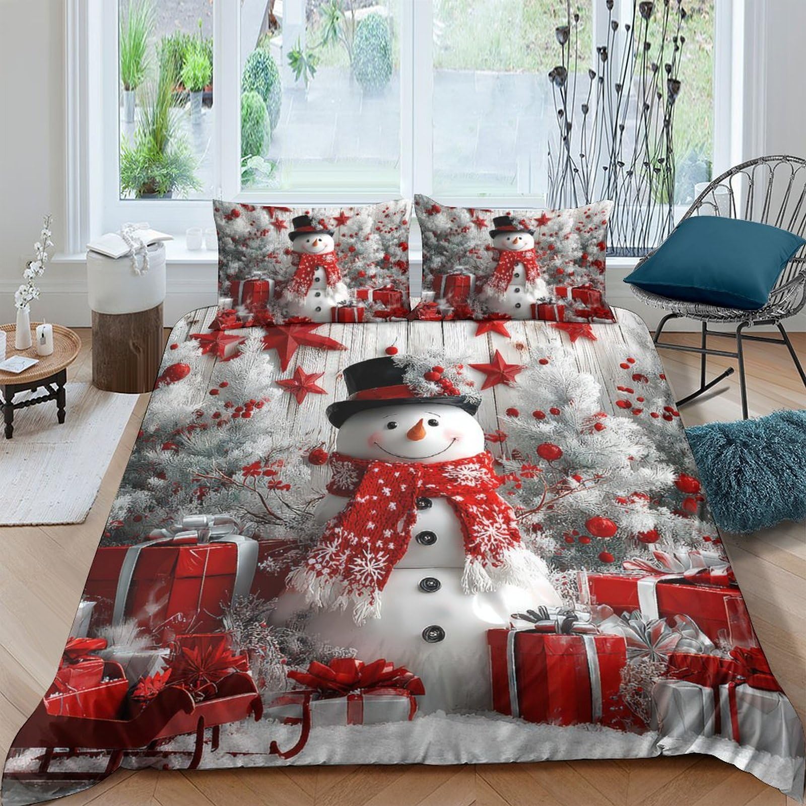 TUFRTGYHN 3D Printed Snowman Christmas Duvet Cover Set Microfiber Soft Breathable Red Gift Quilt Cover with 2 Pillowcases for Bedroom Decor Single（135x200cm）