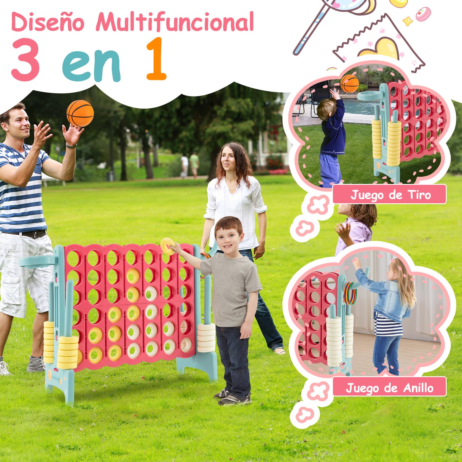 COSTWAY Conecta 4 Gigante, Mega 4 para Niños y Adultos, Juego de Exterior 74 cm con Canasta y Juego de Lanzamiento de Anillos, 42 Piezas Gigantes con Pegitinas y Boloncesto (Rojo y Azul)
