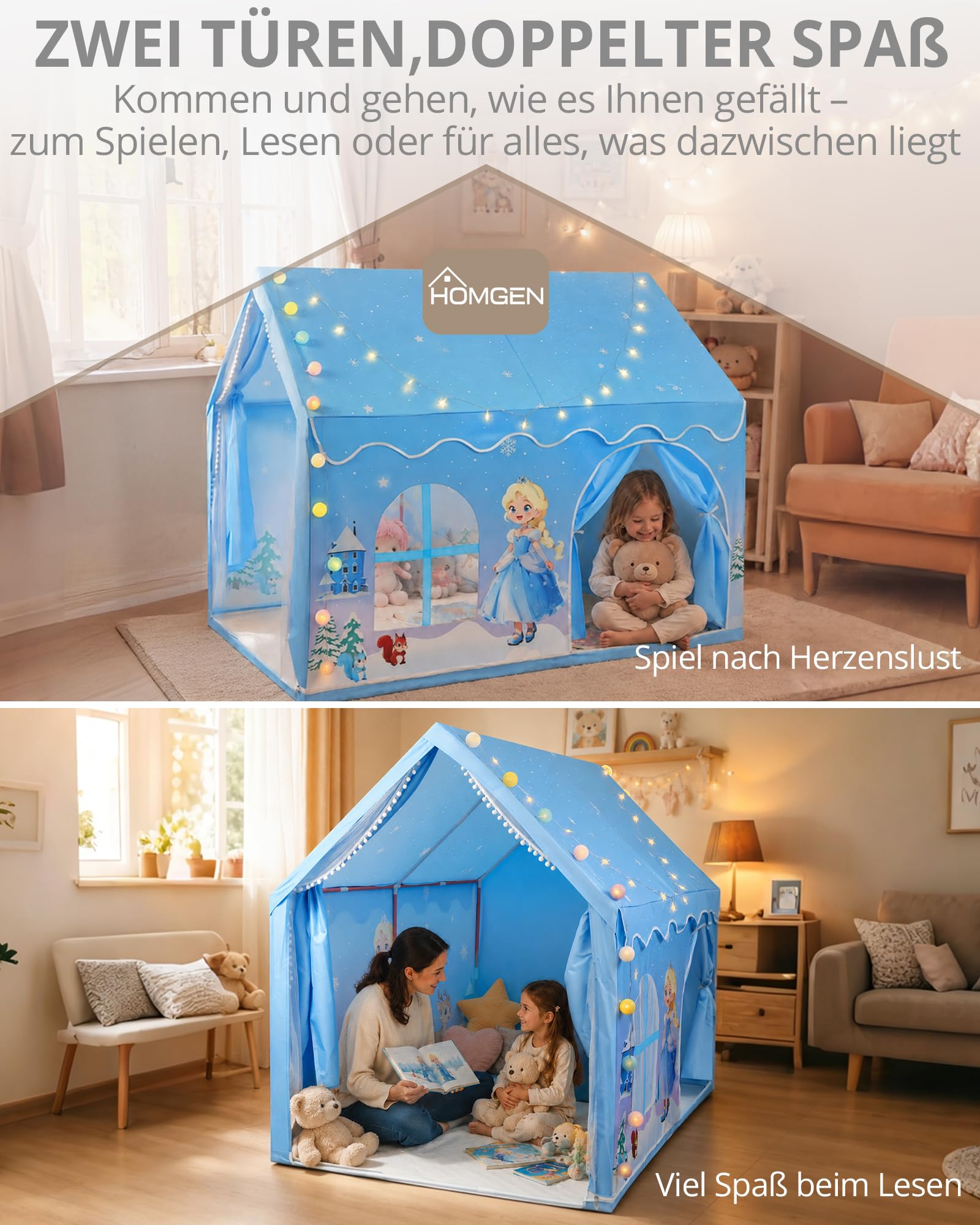 HOMGEN Kinderzelt mit Matte und Lichtern, Spielhaus Indoor für Kinder, Prinzessin Spielzelt für Kinderzimmer Deko & Lesezelt, für 3–12 Jahre,Mädchen und Jungen, 160×105×128cm, blau