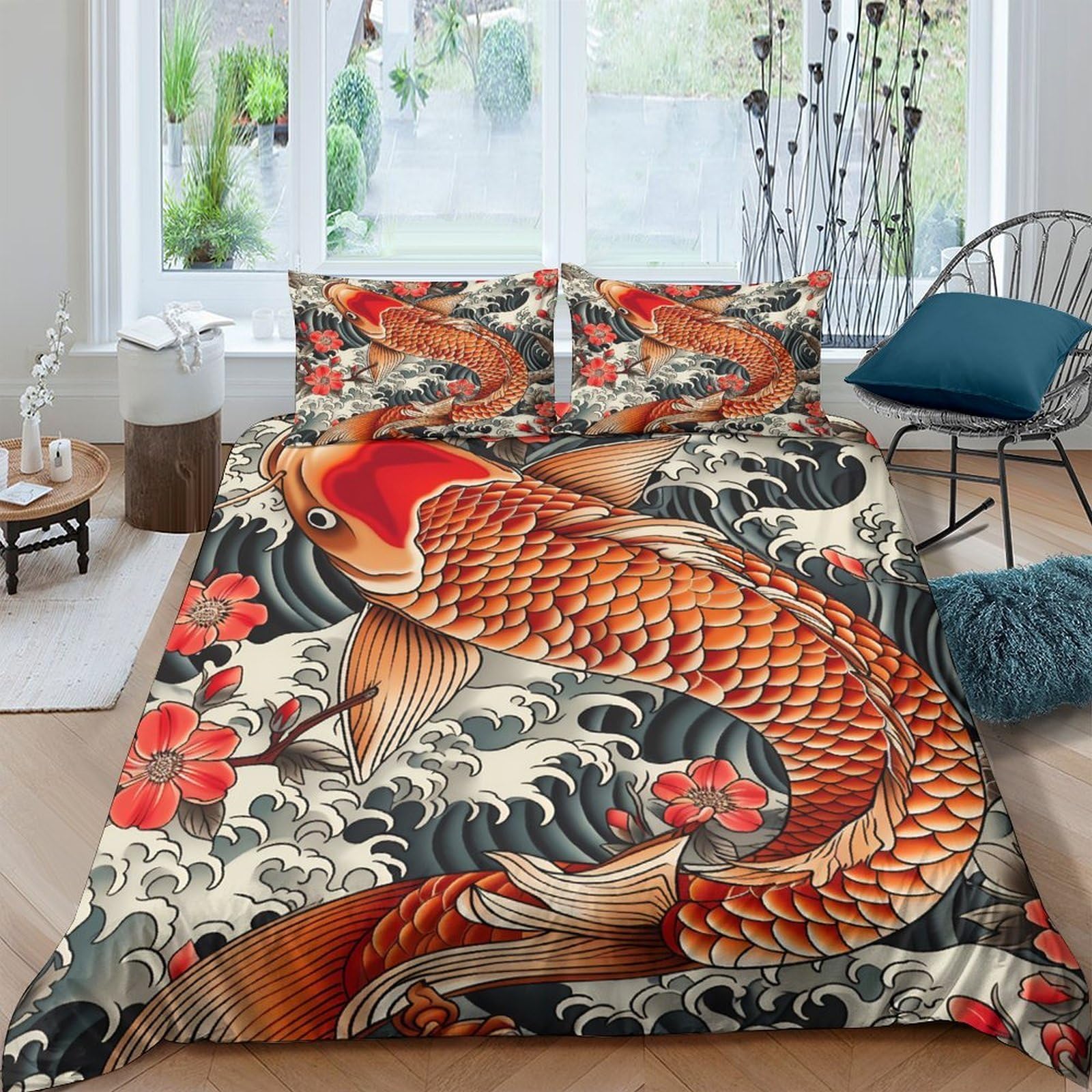Ctjqhvkz Style-7 3D Printed Japanese Koi Fish Fitted Sheet Microfiber Bedroom Decor Red Floral Mattress Cover For Adults Teens Single（135X200cm）