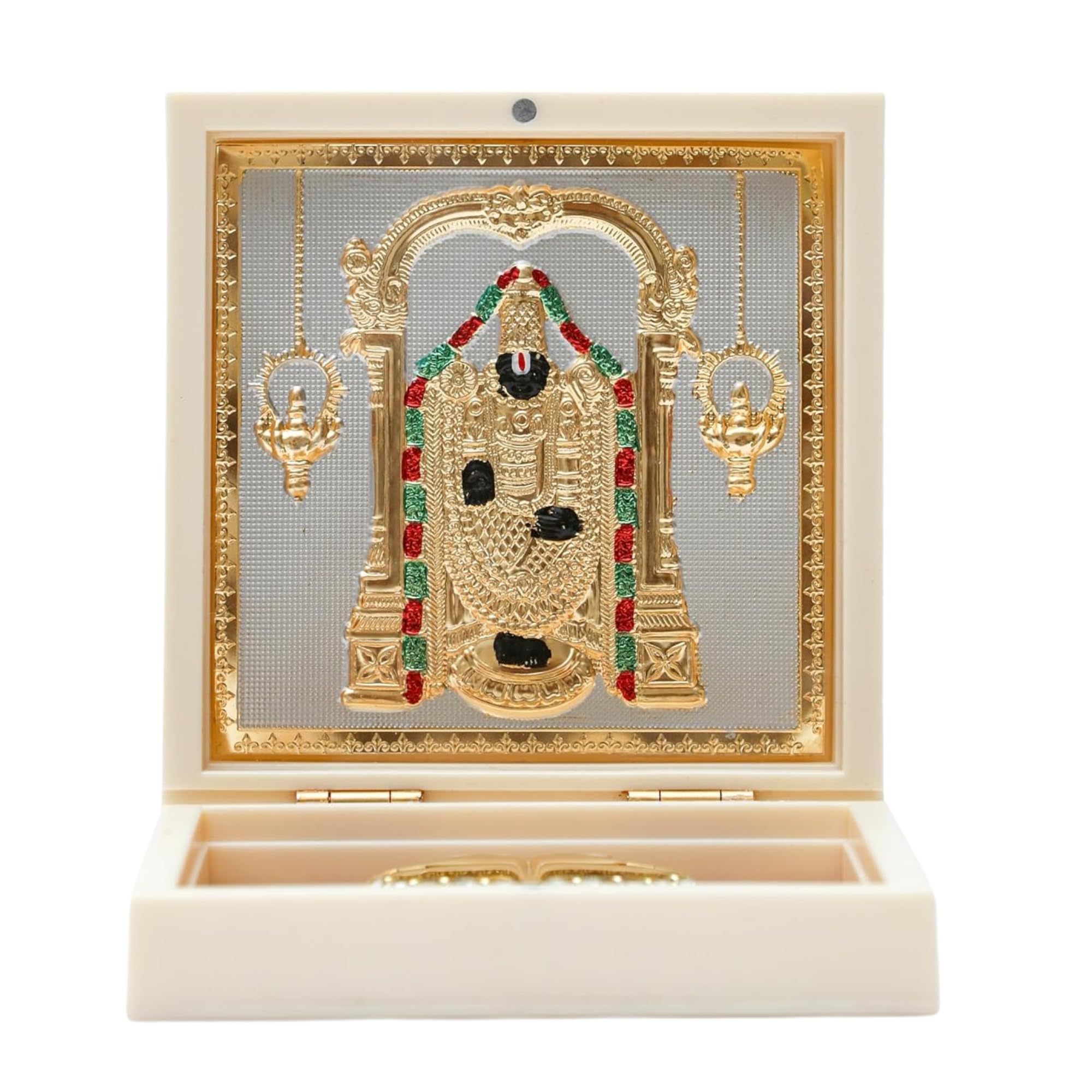 "ZAARIYA Balaji Pocket Temple with Charan Paduka & Photo Frame for Pooja Room & Gifting: A Portable and Auspicious Addition to Your Spiritual Space" (‎4.5 x 4.5 x 1.5 Inches)