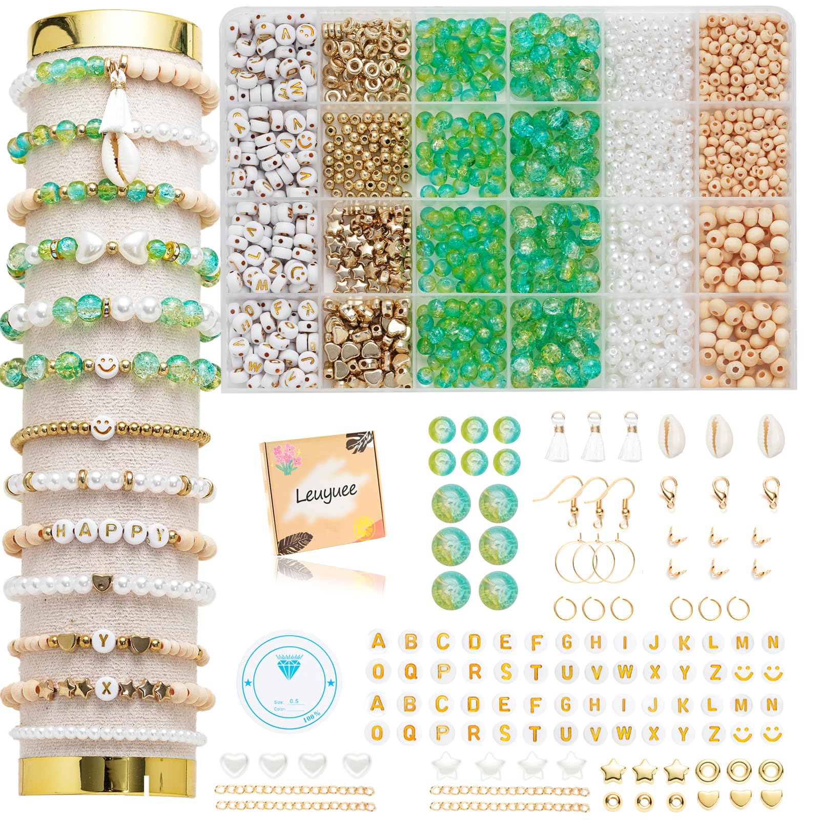 Leuyuee Glasperlen zum für armbänder Edelstein Perlen Perlen Set Zum Auffädeln Kit Perlenset Beads für DIY armbänder selber machen Schmuck Halskette Ohrringe Kette für Erwachsene (Zweifarbiges Grün)