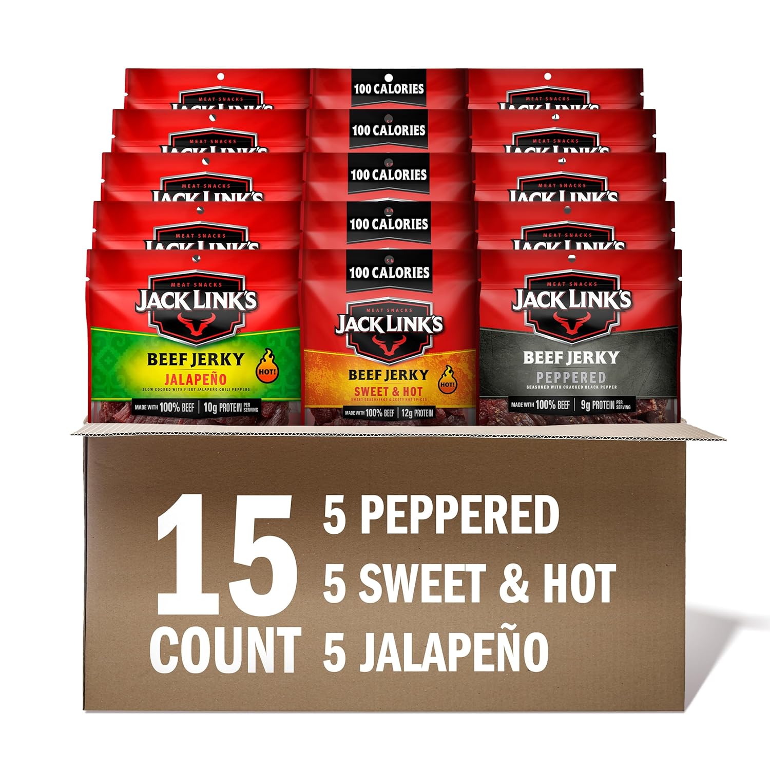 Jack Link’s Beef Jerky Bold Variety Pack with Sweet & Hot, Jalapeño and Peppered Beef Jerky, Great Stocking Stuffer, Bulk Beef Snack Pack, 11g-12g of Protein, Made with 100% Beef, 1.25 Oz (Pack of 15)