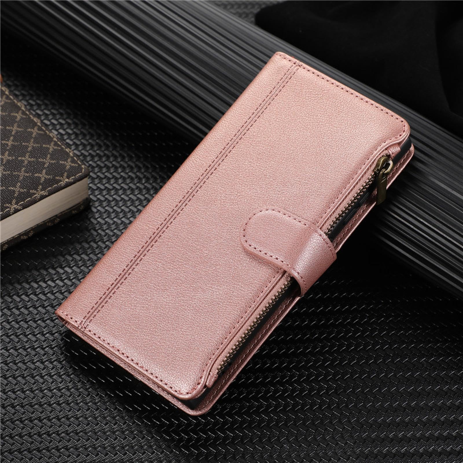 Funda de Cuero Tipo Cartera con Cremallera y cordón para iPhone SE 2020 (2022) (Oro Rosa)