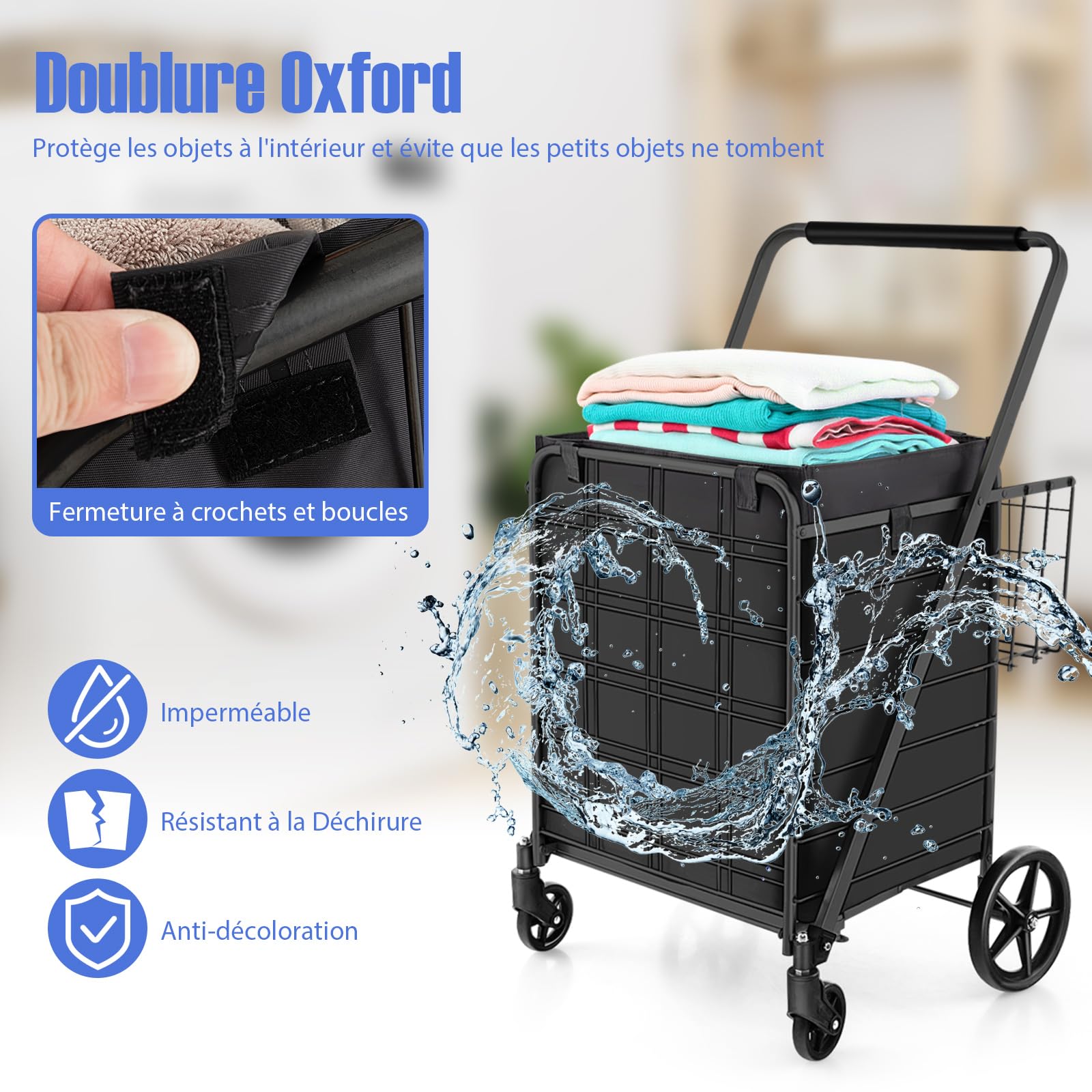 GYMAX Chariot de Courses Pliable 126 L à roulettes avec Sac Amovible, Caddie de Courses Robuste en Métal avec Petit Panier, Poignée Antidérapante, Charge 150KG, pour Marché, Provisons (Noir)