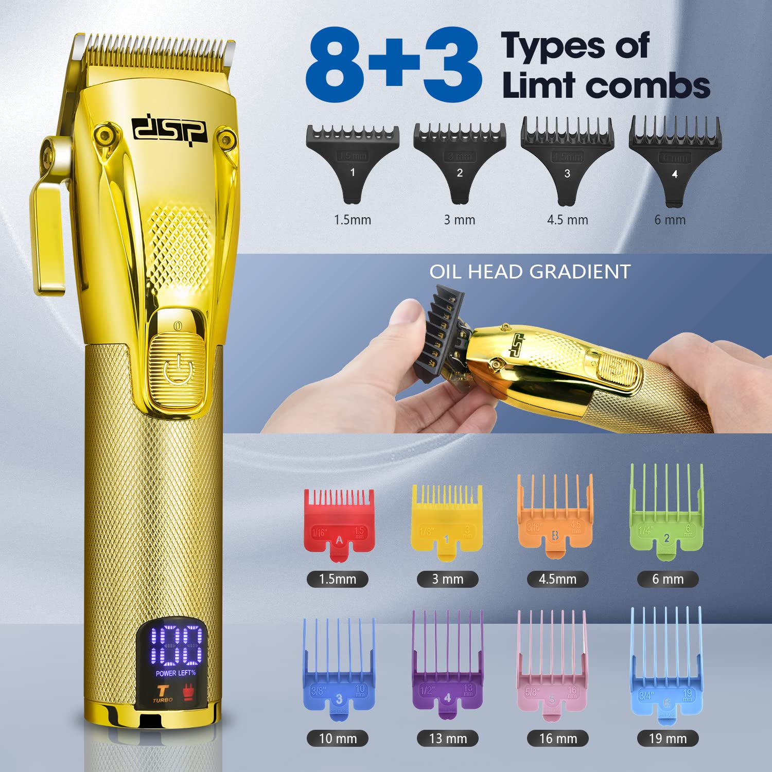 DSP® Gold Barber Clippers for Hair Cutting Kit - Tondeuse à cheveux professionnelle et set de tondeuses pour hommes
