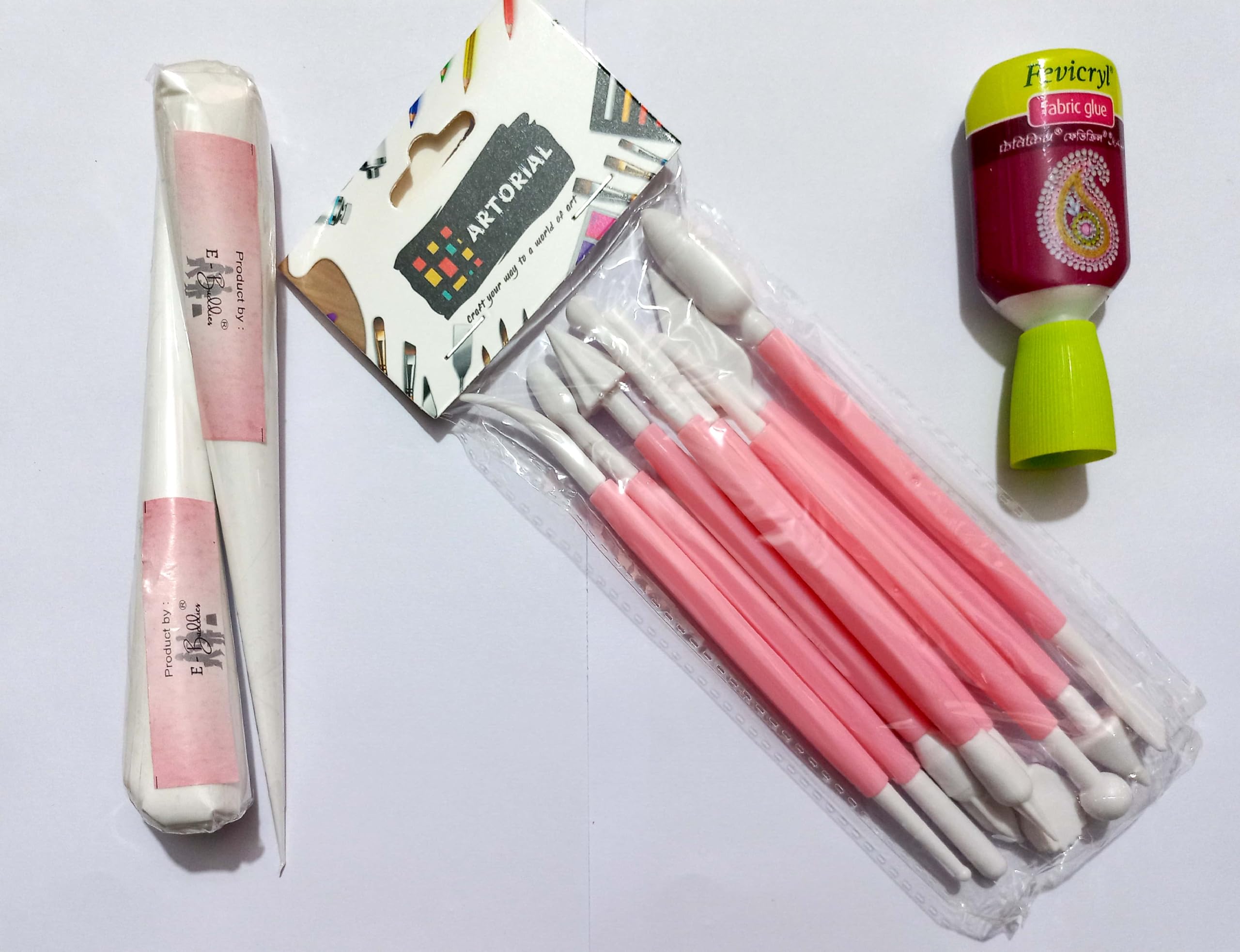 E - BuddiesPlastic Ceramic Pottery Tools Set of 8,White Ceramic Cone 2pc,Fevicryl Fabric Glue 1pc,for Lippan Art| Madhubani Art| Clay Modelling, Sculpting, Shaping, for Art & Craft Supplies.