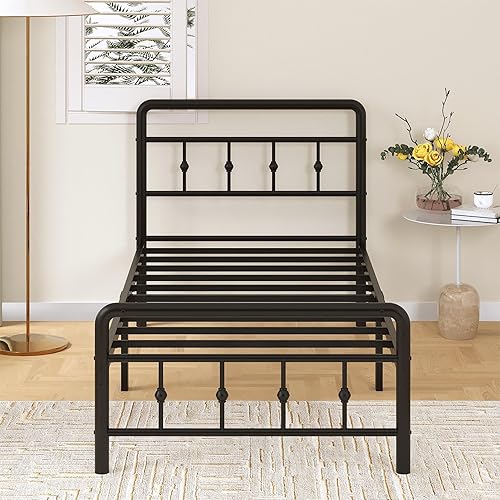 Miniatura 3 de Base de cama individual de 14 pulgadas con cabecero y estribo, marco de cama de metal resistente, estilo victoriano, no necesita somier, fácil