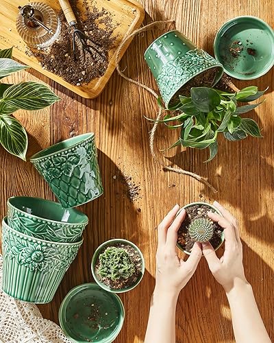 Miniatura 4 de Macetas de cerámica para suculentas, macetas pequeñas de 3.8 pulgadas con orificio de drenaje y platillo, maceta para plantas de interior, cactus,