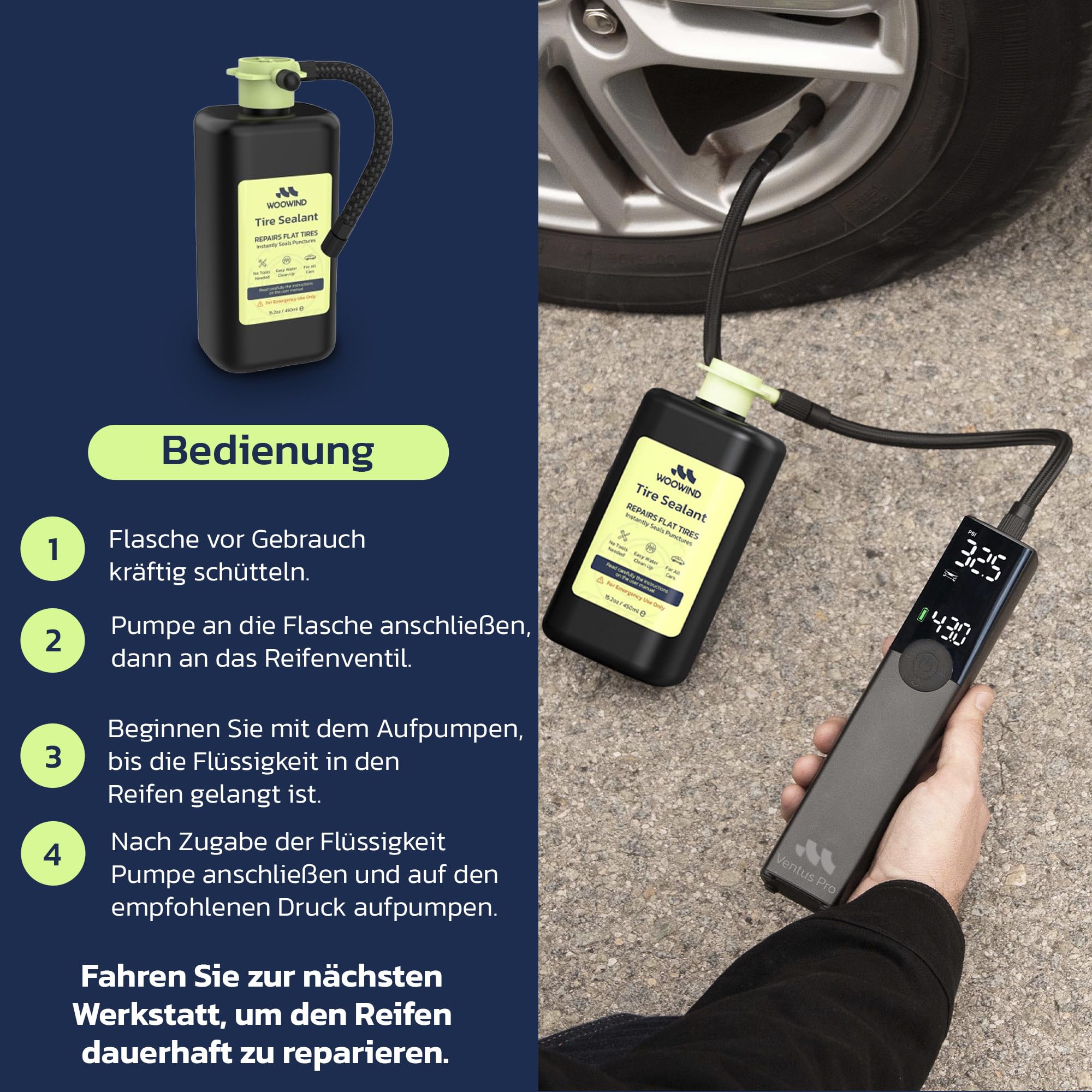 Woowind Tire Sealant Pro Reifendichtmittel, Sofort-Reparaturset für Platte Reifen (450 ml) – Dichtet Sofort Reifenpannen bis zu 5 mm für Autos/LKW/SUVs ab, TPMS-sicher, Wetterfest