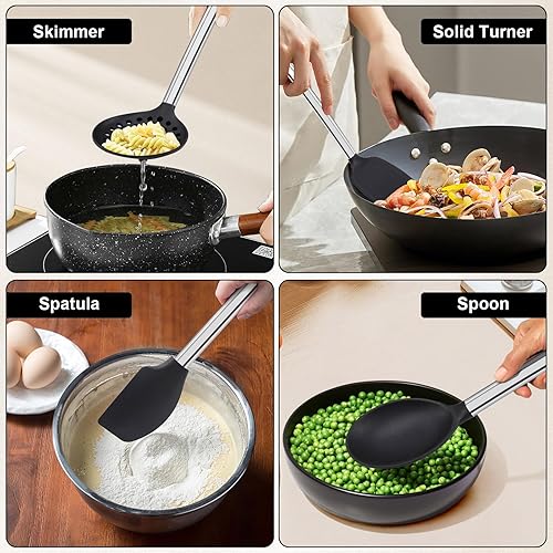 Miniatura 7 de Juego de utensilios de cocina de silicona, 8 piezas de utensilios de cocina con mango de acero inoxidable, herramientas de cocina resistentes al