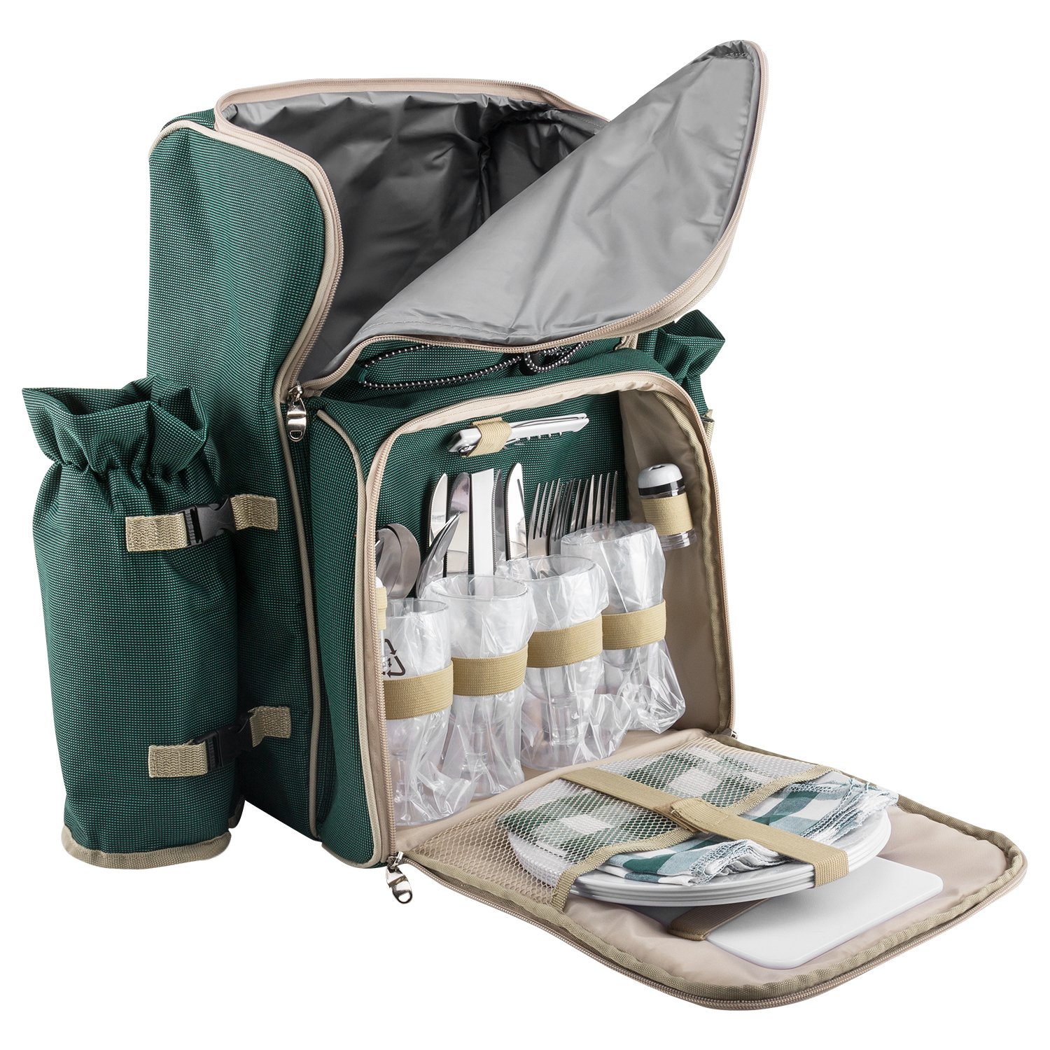 anndora Picknickrucksack 4 Personen mit integrierter Kühltasche grün inkl. 29-teiliges Zubehör