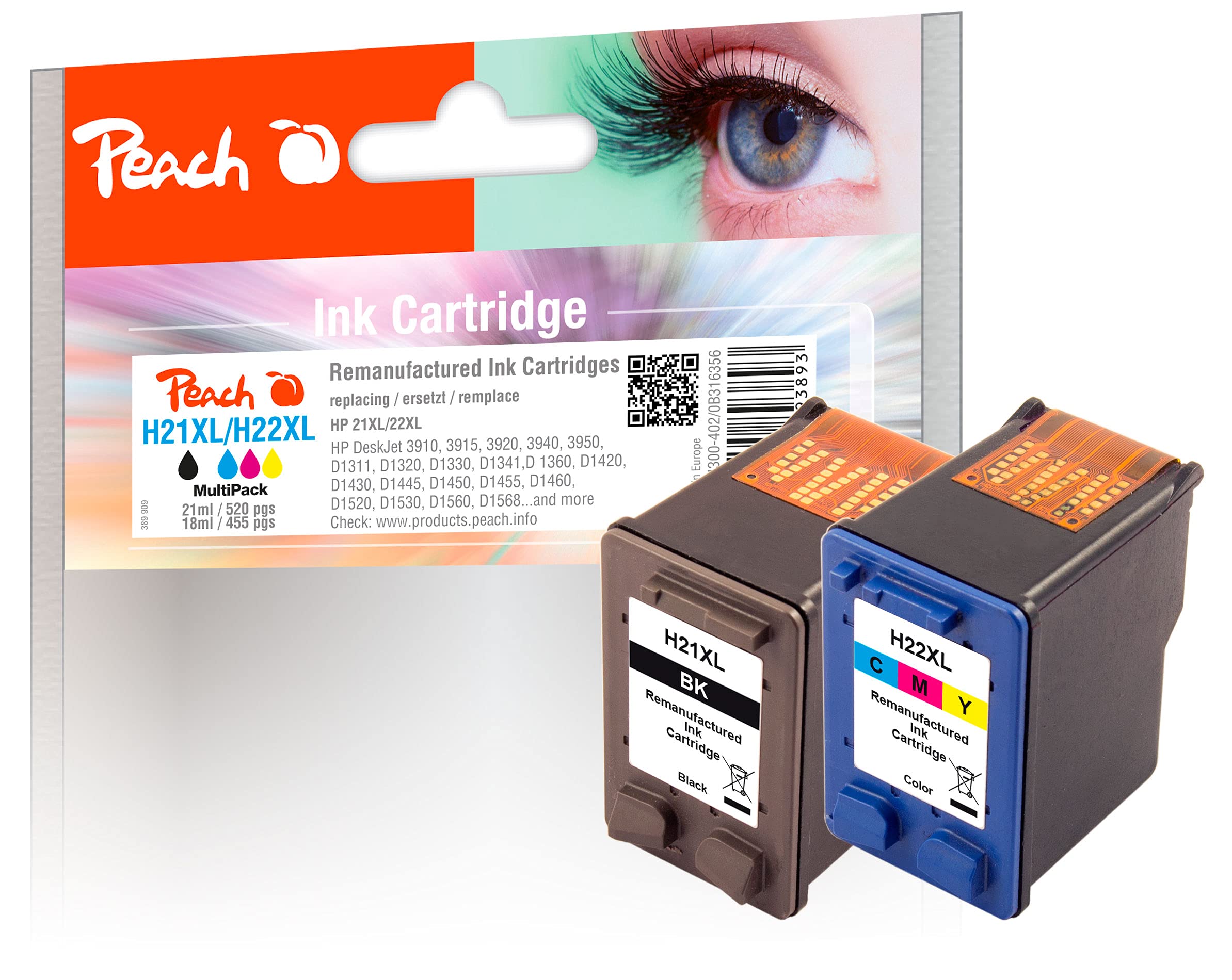 Peach - Set de cartuchos de tinta (compatible con HP DeskJet 3920/3940/F380/F370/F2180/F2280/F4180/D1360/D2360/D2460, PSC 1410 y Officejet, 2 unidades, 21 ml), color negro y multicolor