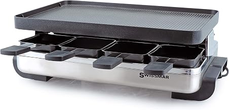 Swissmar KF-77080 Stelvio 8-Person Raclette Party Grill with Reversible Cast Aluminum Non-Stick Grill Plate/Crepe Top, Brushed Stainless Steel