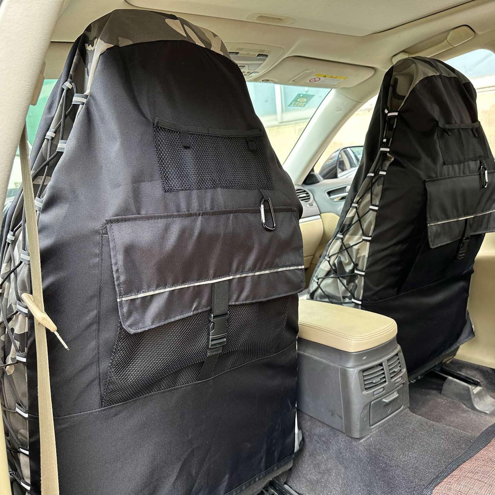 Fundas de asiento delantero de lona y camuflaje militar gris, protector de asiento delantero para asientos de coche con respaldo alto con organizador de múltiples bolsillos para almacenamiento