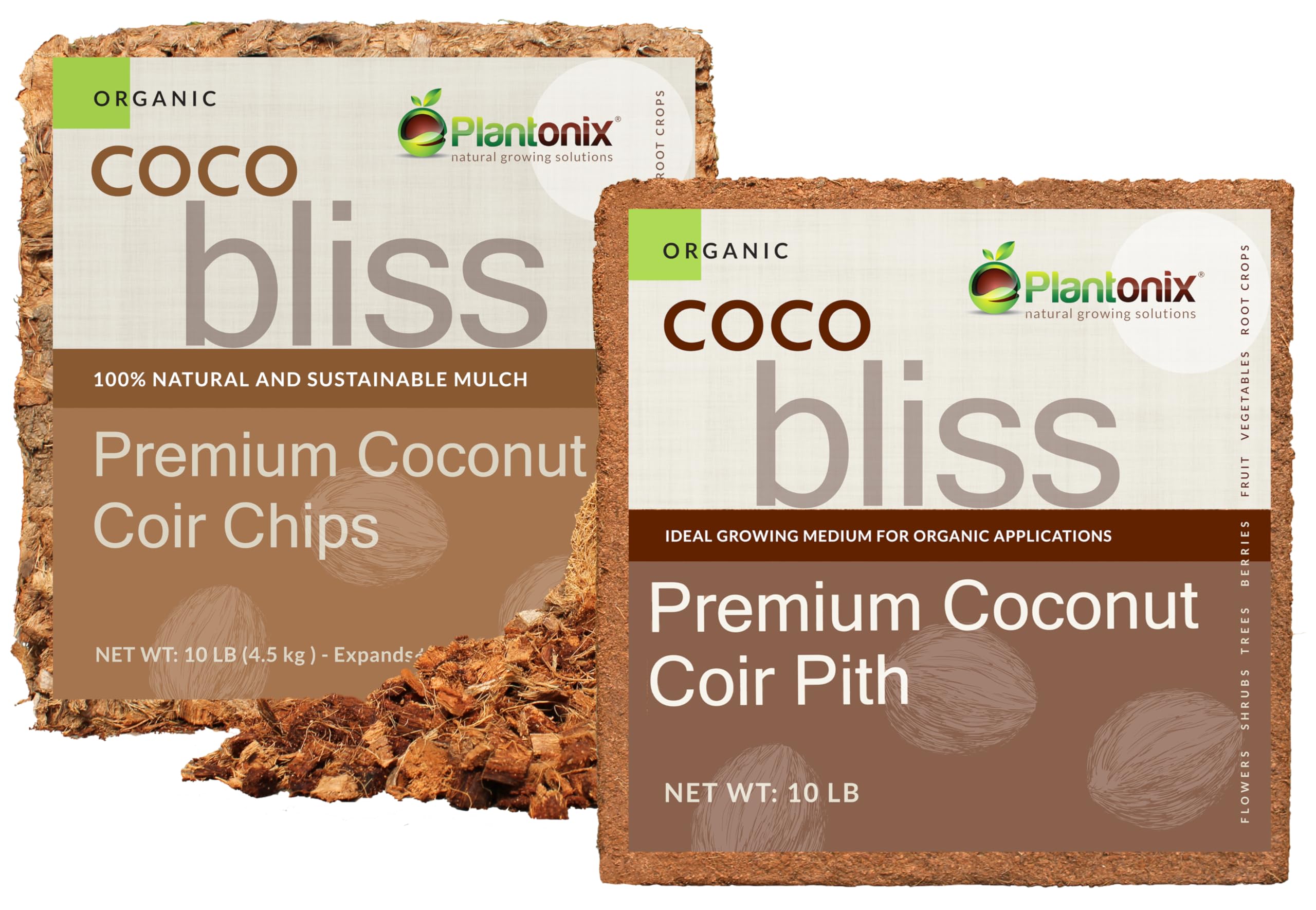 Coco Coir (10lbs) + Coco Chips for Plants (10lbs) - Organic Coco Coir Brick & Coco Coir Chips - Coconut Bricks for Plants - Bulk Coco Husk & Coconut Mulch Bundle - Garden Soil & Potting Soil Mix