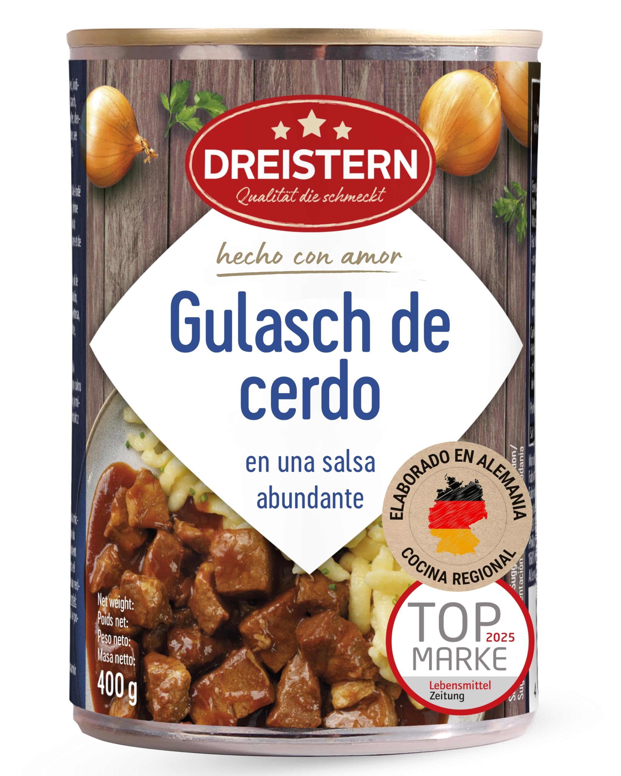 DREISTERN Goulash de cerdo 400 g I Con salsa picante I Guiso sabroso en lata reciclable I Larga duración gracias a la conservación natural I Calidad casera