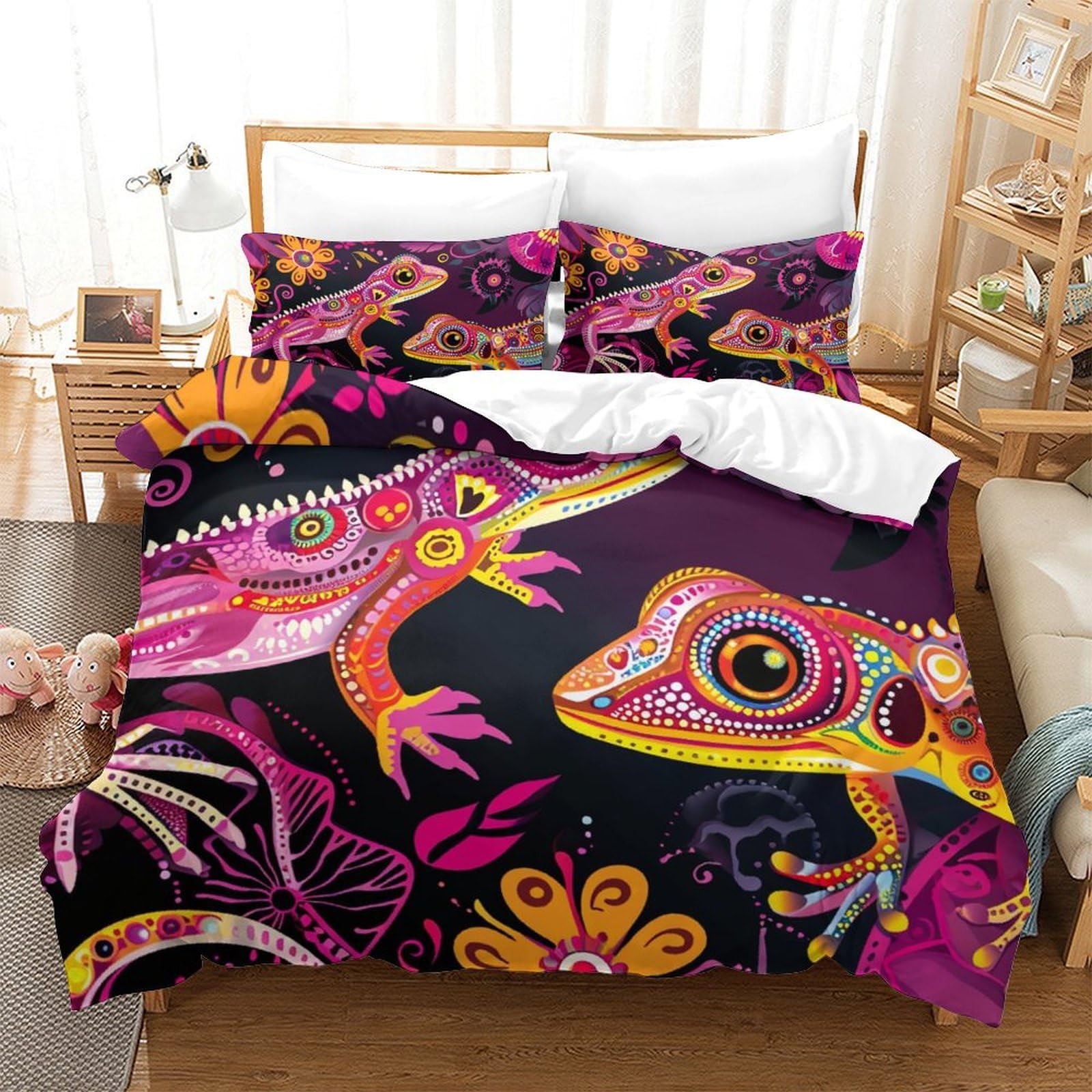 Parure de lit lézard 3D Super King 260x220cm avec housse de couette microfibre et taies