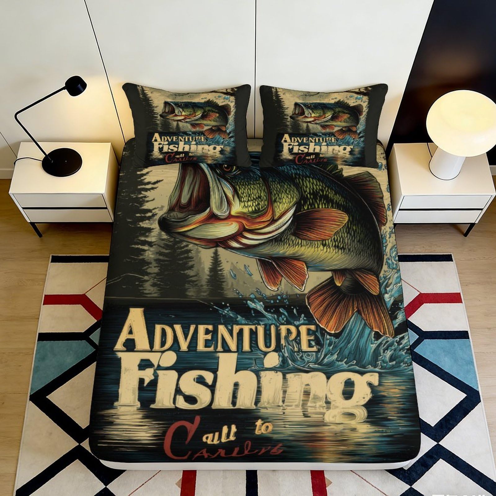 3D Printed Adventure Fishing Fitted Sheet Microfiber Soft Breathable Big Fish Bed Cover for Bedroom Dormitory Guest Room Mattress Protection Decoration 120x200x25cm