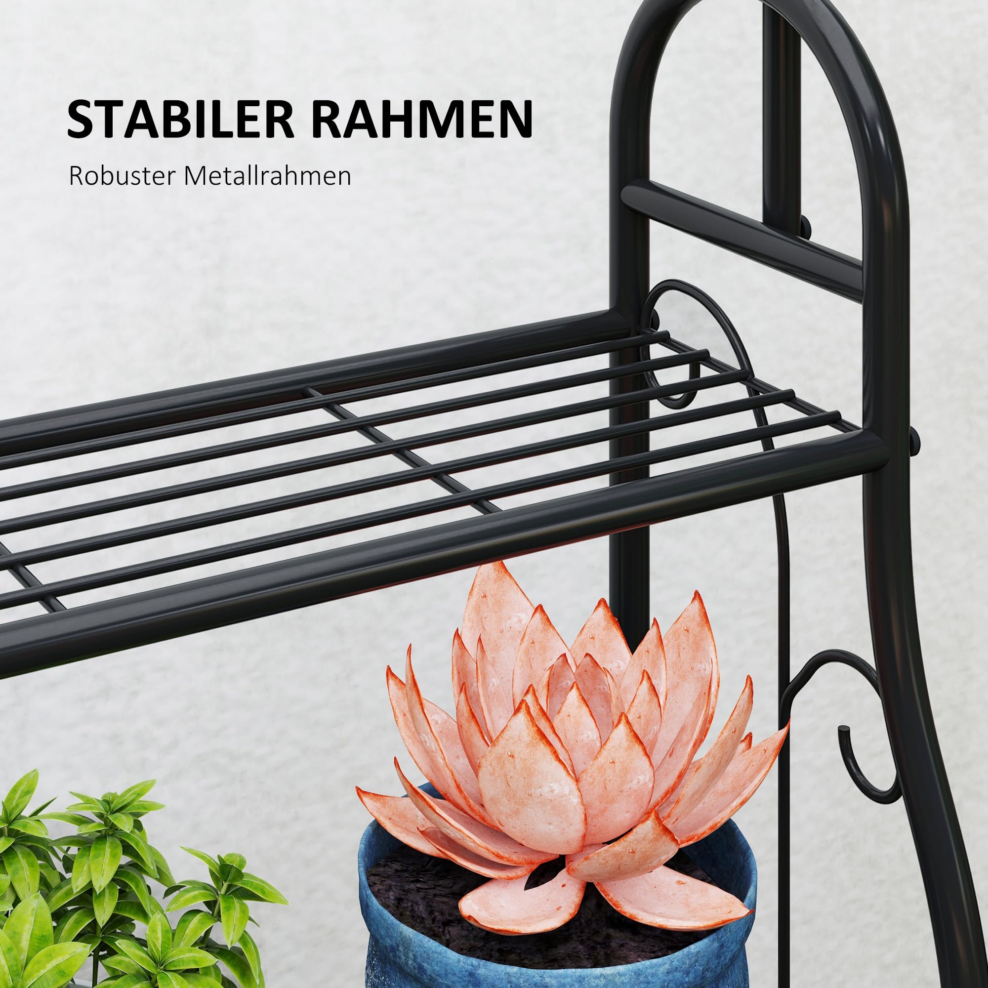 Outsunny Étagère à fleurs 3 niveaux pour Intérieur Extérieur Métal Noir | Support de Plantes, Tige de Suspension, 3 Crochets, pour Balcon, Salon, Chambre, Jardin