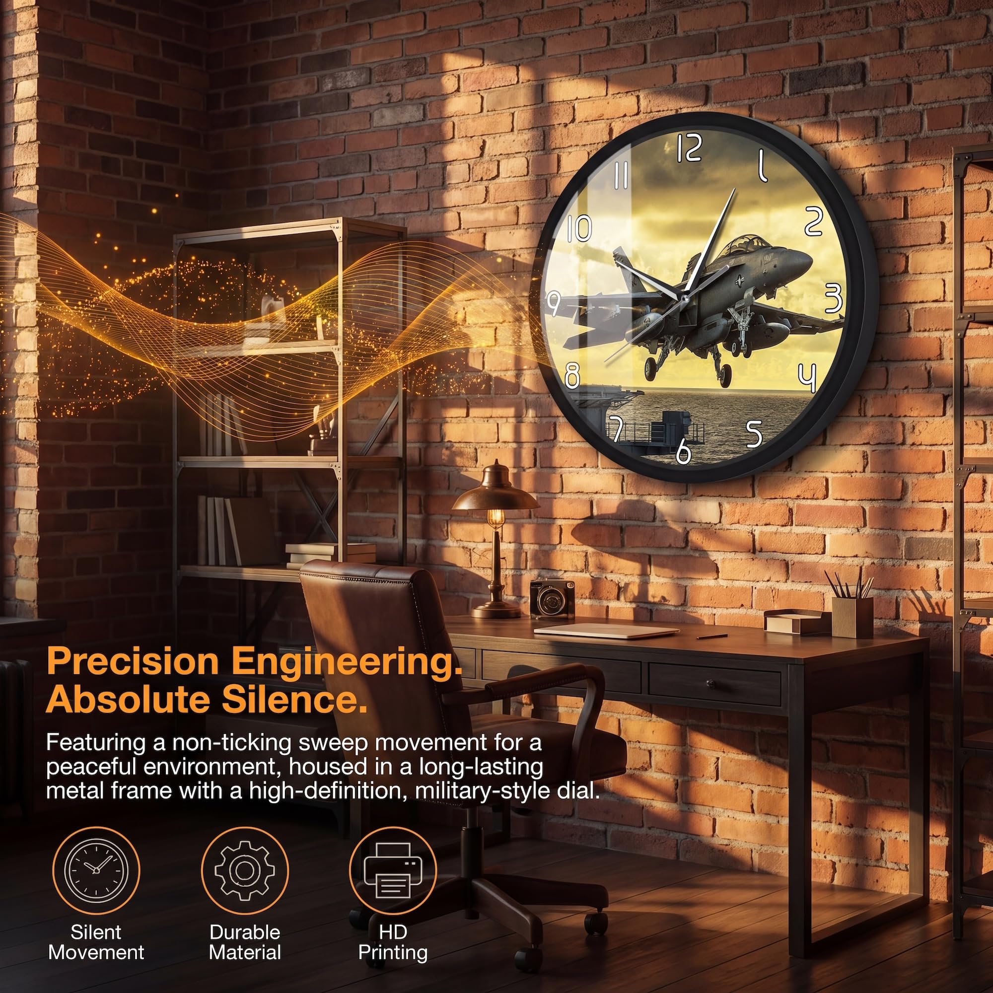 Reloj de pared con marco de metal impreso de avión de salida, silencioso sin tictac, funciona con pilas, avión, aeropuerto, marco de aluminio negro, regalo para piloto, aviador, dormitorio