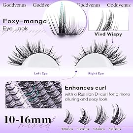 Goddvenus Manga Lash Cluster Kit Wispy Lashes Clusters Fluffy Eyelash Clusters Upturned Foxy Cluster Eyelash Extensions Kit D Curl Fairy Eyelash Extension Kit 10-16mm Individual Lashes Kit