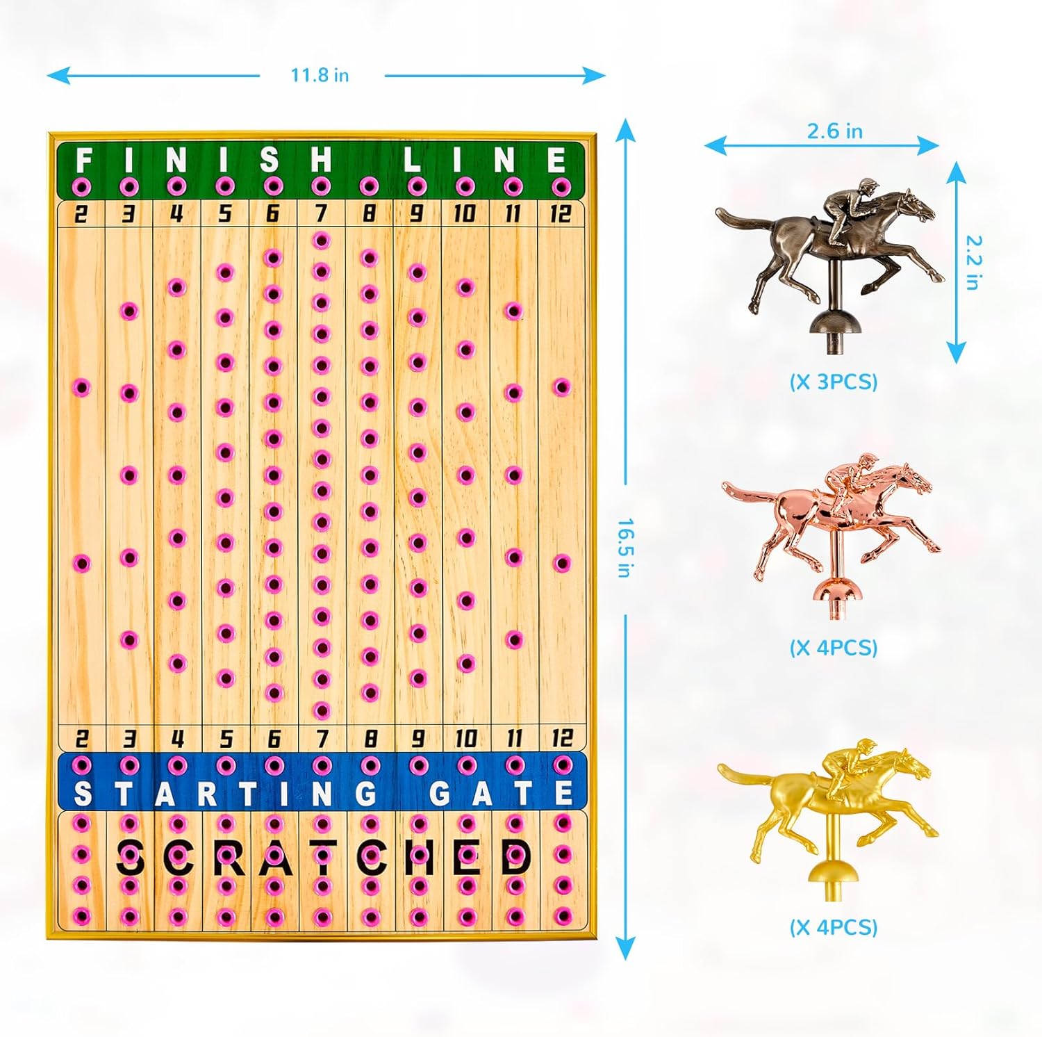 Luxurious Horse Race Board Game Horse Racing Board Game Metal Grommets with 11 Durable Metal Horses 2 Dice and 2 Boxes of Cards for Adult (Rose Grommets)