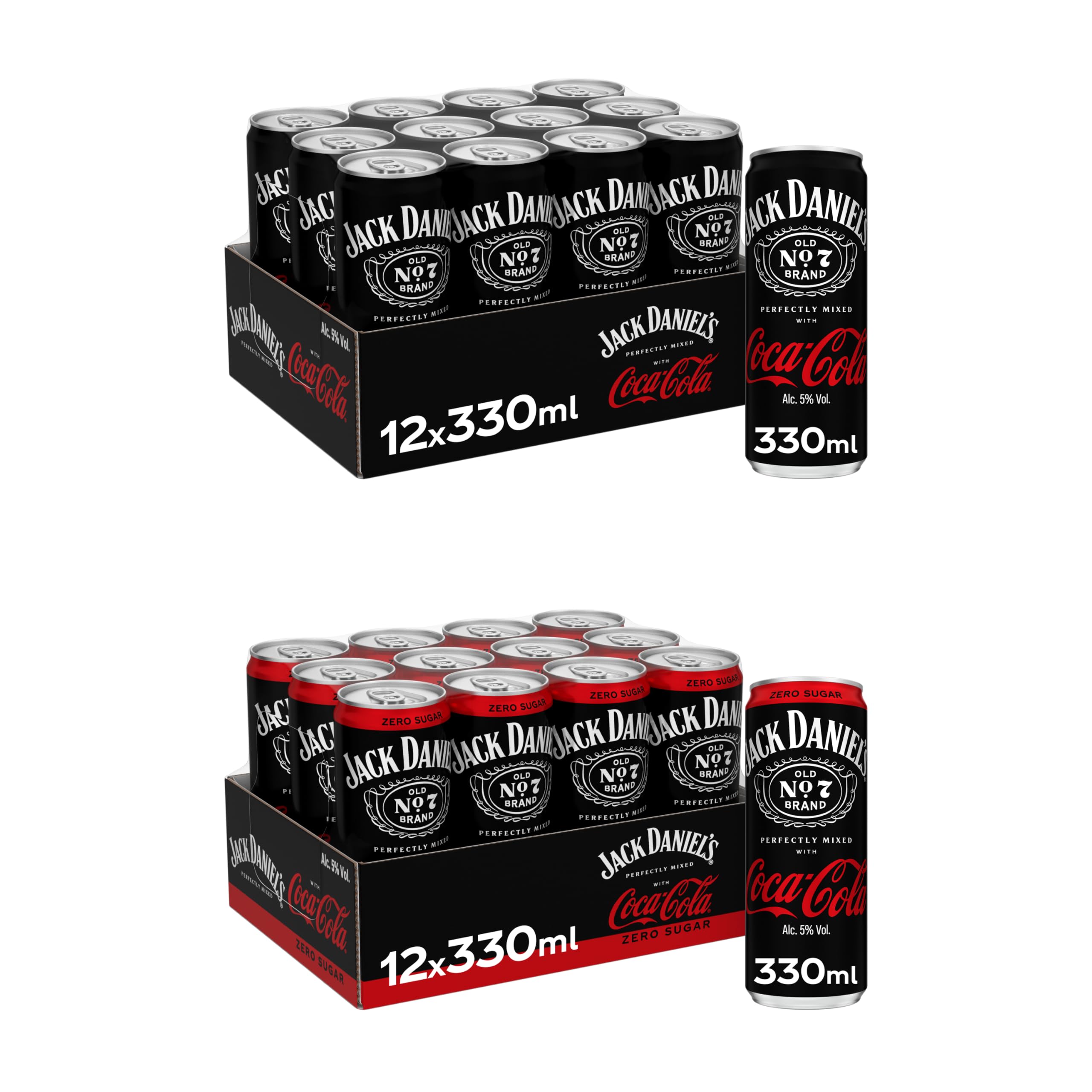 Coca-Cola y Jack Daniel's, Bebida Preparada con 5% de Alcohol- Pack de 12 Latas de 250 ml + Jack Daniel’s & Coca-Cola Zero Azúcar, Combinado con Whiskey, Pack 12 latas de 330 ml