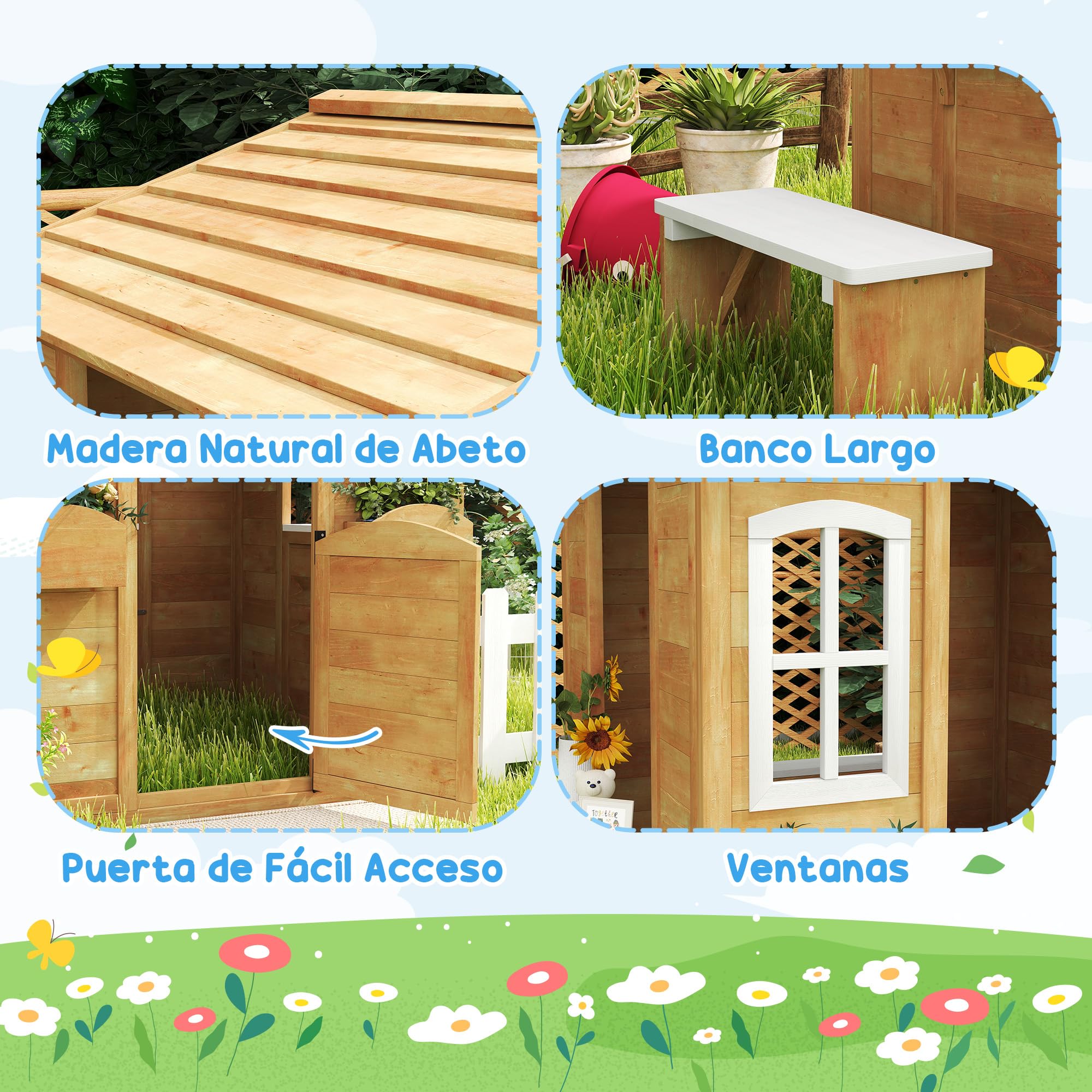 Outsunny Casita Infantil Exterior de Madera Casita Infantil de Jardín con Buzón Ventanas Jardinera Mostrador y Banco Casa de Juegos para Niños a Partir de 3 Años Natural