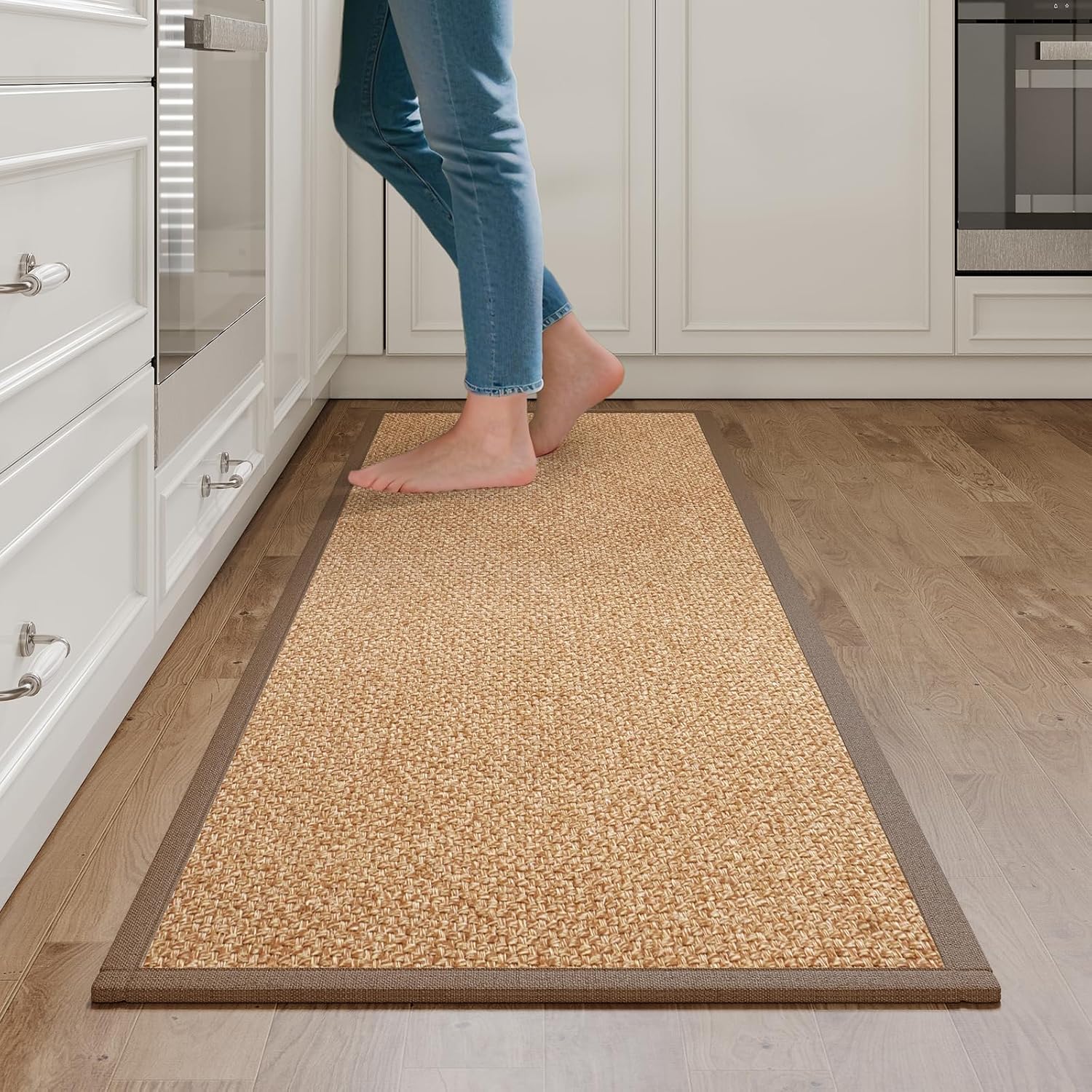 YDKGL Kitchen Rugs Non Slip Washable, Super Absorbent Kitchen Mats for Floor, Rubber Backing Jute-Like Braid Kitchen Sink Mat Runner Rug Standing Floor Mat, Easy to Clean, Brown 17"x47"