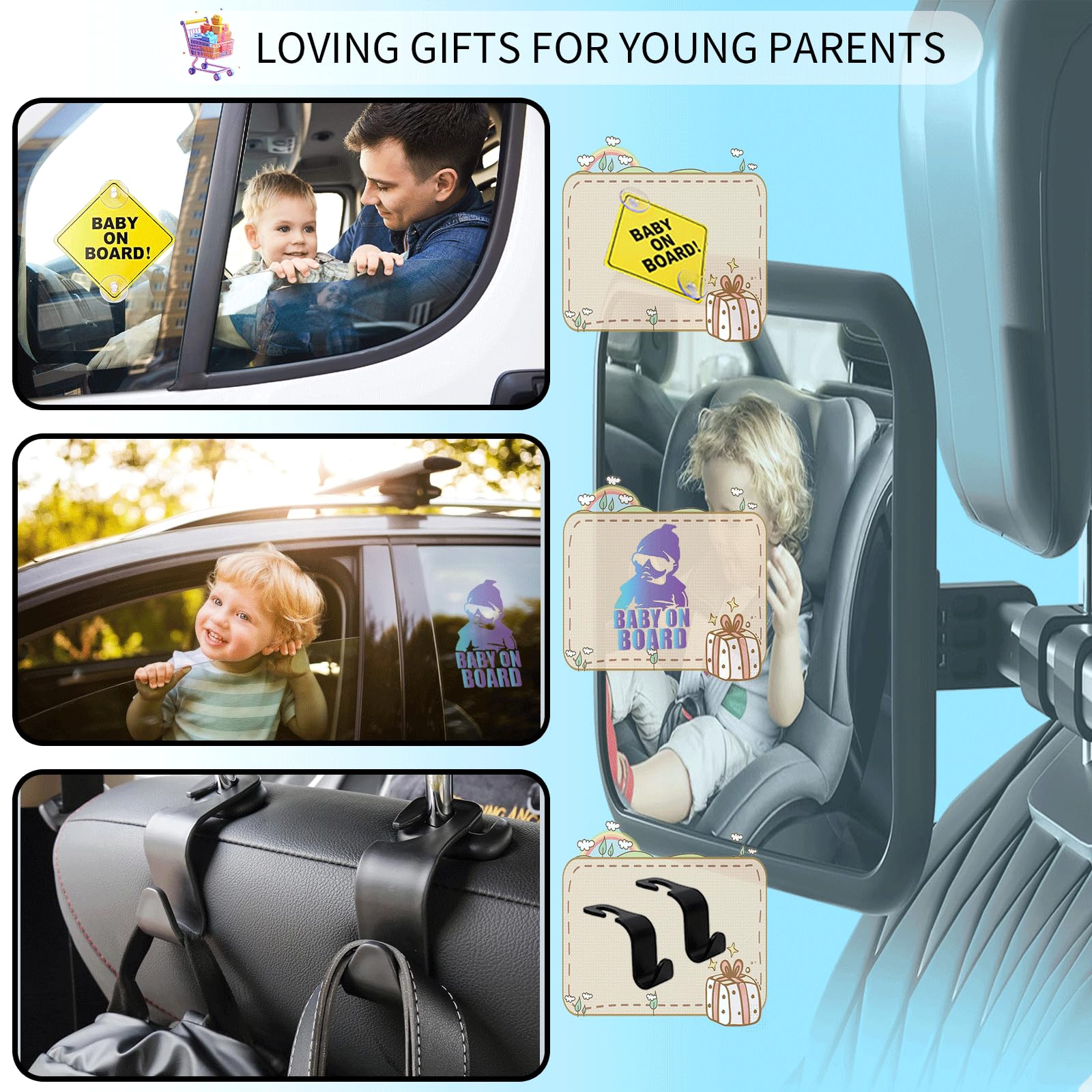 Lusterko wsteczne dla dzieci 360° samochodowe dla niemowląt z wysuwanymi ramionami + 2 naklejki Baby On Board i 2 haczyki na zagłówek