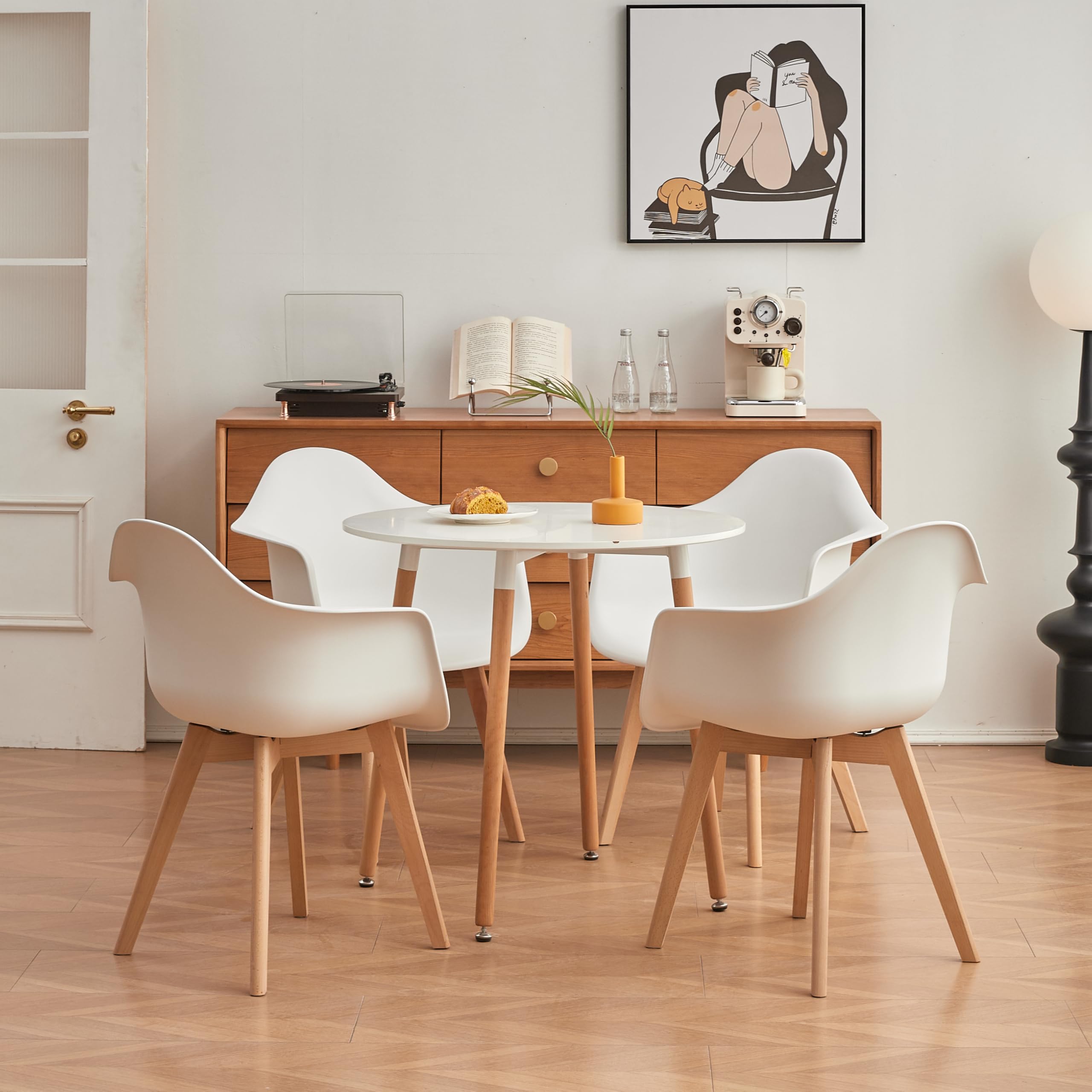GrandCA HOME Pack de 6 Sillas de Comedor Sillas de Cocina Nórdicas con Patas de Madera de Haya, Sillones Modernos para Salón, Oficina, Dormitorio, Comedor, Blanco