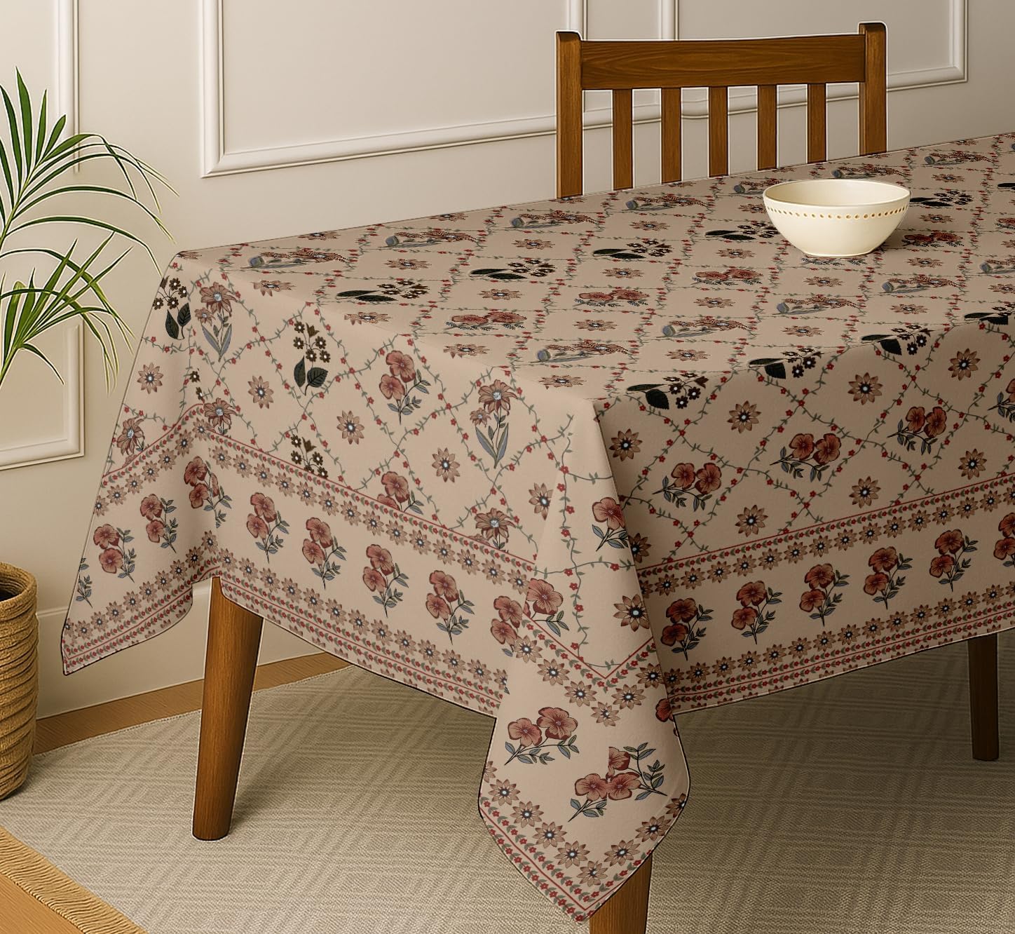 Floral Design Tablecloth- Beige 60x60 Inch Cotton Twill Dining Table Cover, Perfect for 4 Seater Tables, Durable, Protective & Washable, Ideal for Everyday Use, Festive Occasions & Gathering