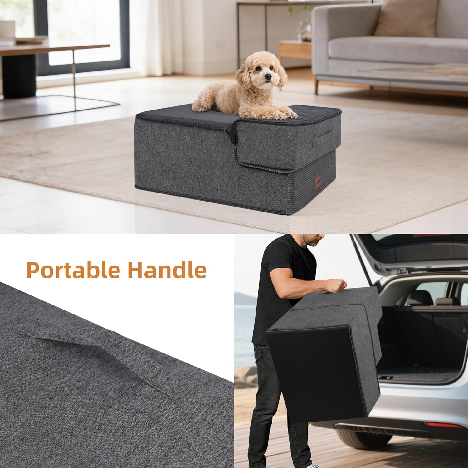 Dog Stairs for Small Dogs, 16.5" H, 3-Step Extra Wide Pet Steps for Bed Couch Sofa and Chair, Non-Slip Balanced Pet Ramp for Medium Cats,Indoor Dog Ladder, Grey