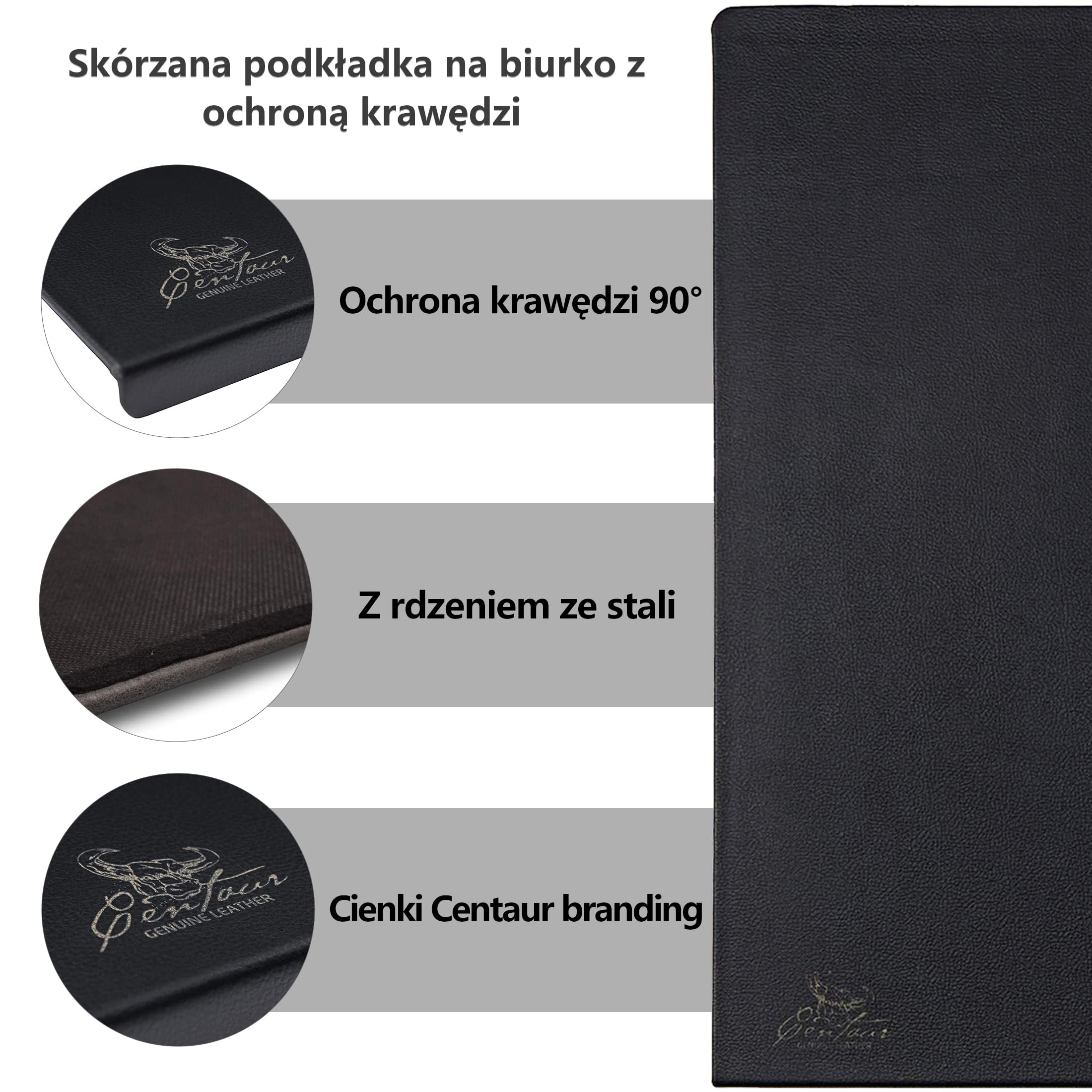 Centaur - ręcznie wykonana podkładka na biurko 55 x 80 cm - Czarny - skóra podkładka na biurko z zabezpieczeniem krawędzi pod kątem 90° - podkładka na biurko ze skóry